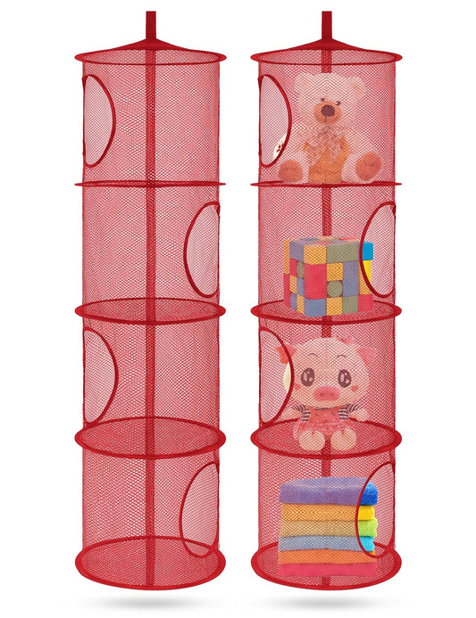 Libeder Stuffed Animal Storage Mesh Hanging Storage Space Saver Bags Organizer,Foldable Storage Organizer 4 Compartments Toy Net Storage Basket for Kids Room Bathroom 2 Sets Red