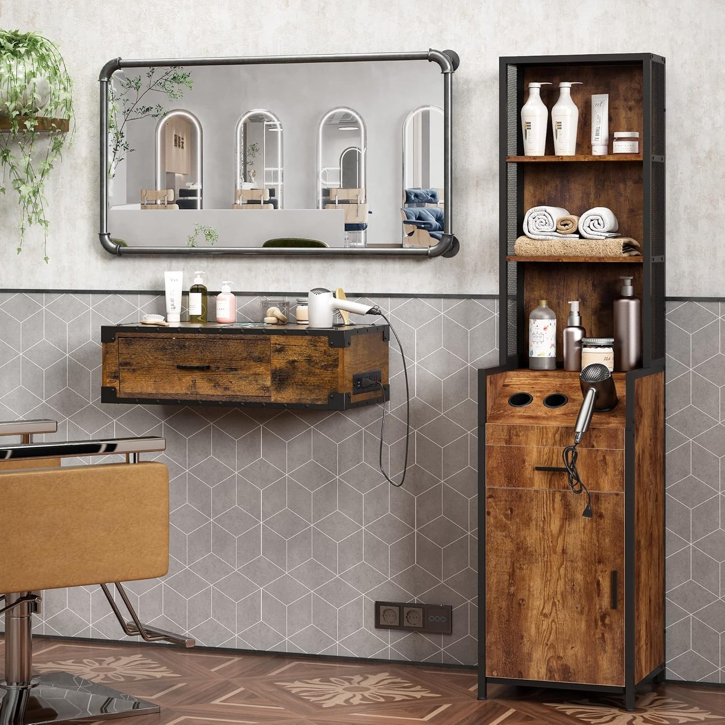 Industrial Style Hair Salon Station, Beauty Equipment Station for Hair Stylists, Spas & Barbers, Storage Cabinet with 3 Hair Dryer Holes and Lockable Drawers, Rustic Brown