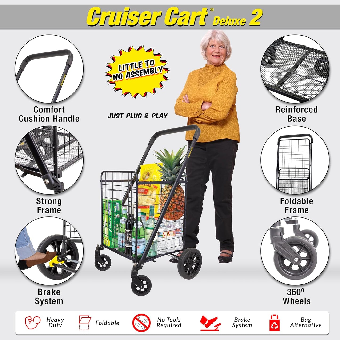 dbest products Cruiser Cart Deluxe 2 Shopping Grocery Rolling Folding Laundry Basket on Wheels Foldable Utility Trolley Compact Lightweight Collapsible, Black