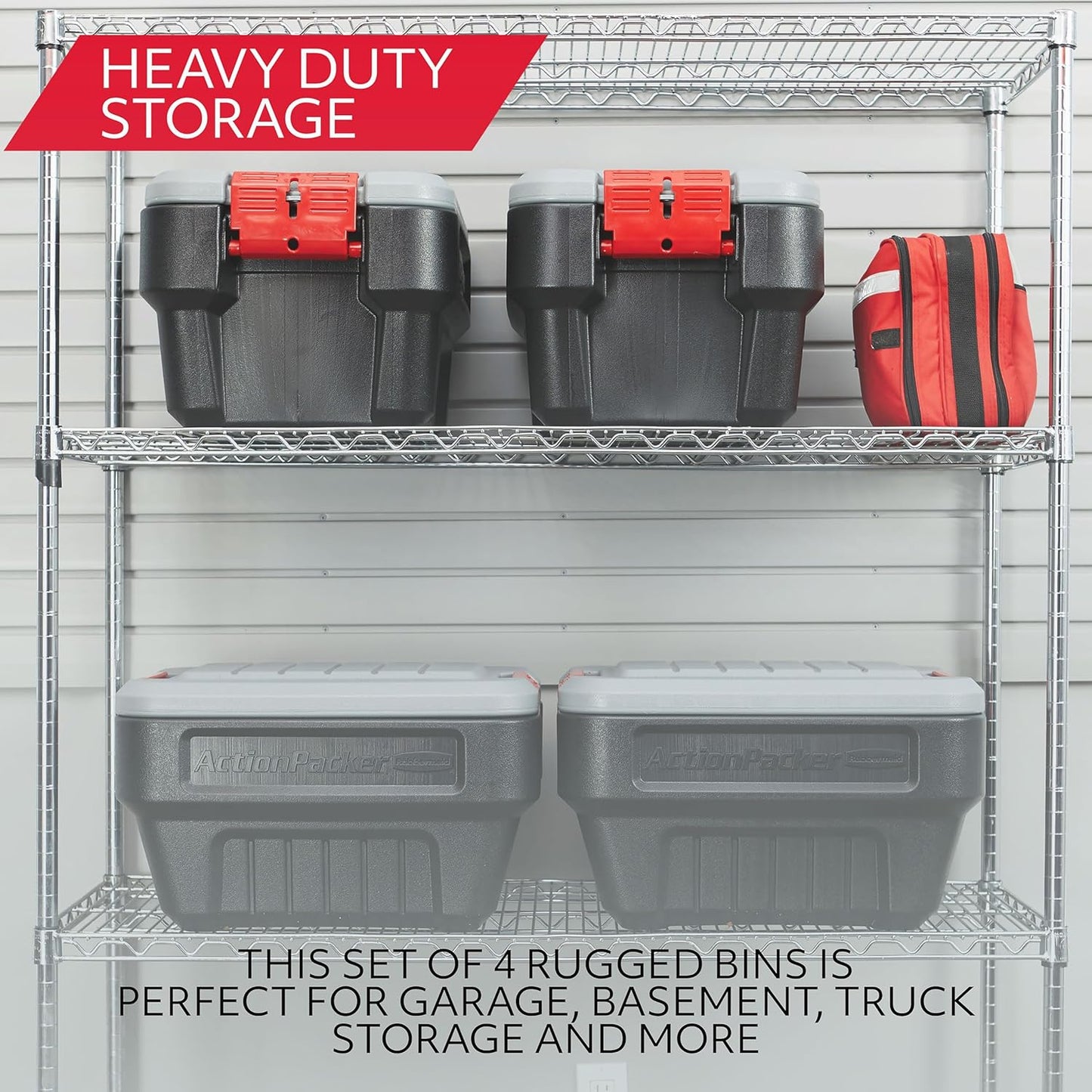 Rubbermaid® ActionPacker®️ 8 Gal Lockable Storage Box Pack of 4, Outdoor, Industrial, Rugged, Grey and Black