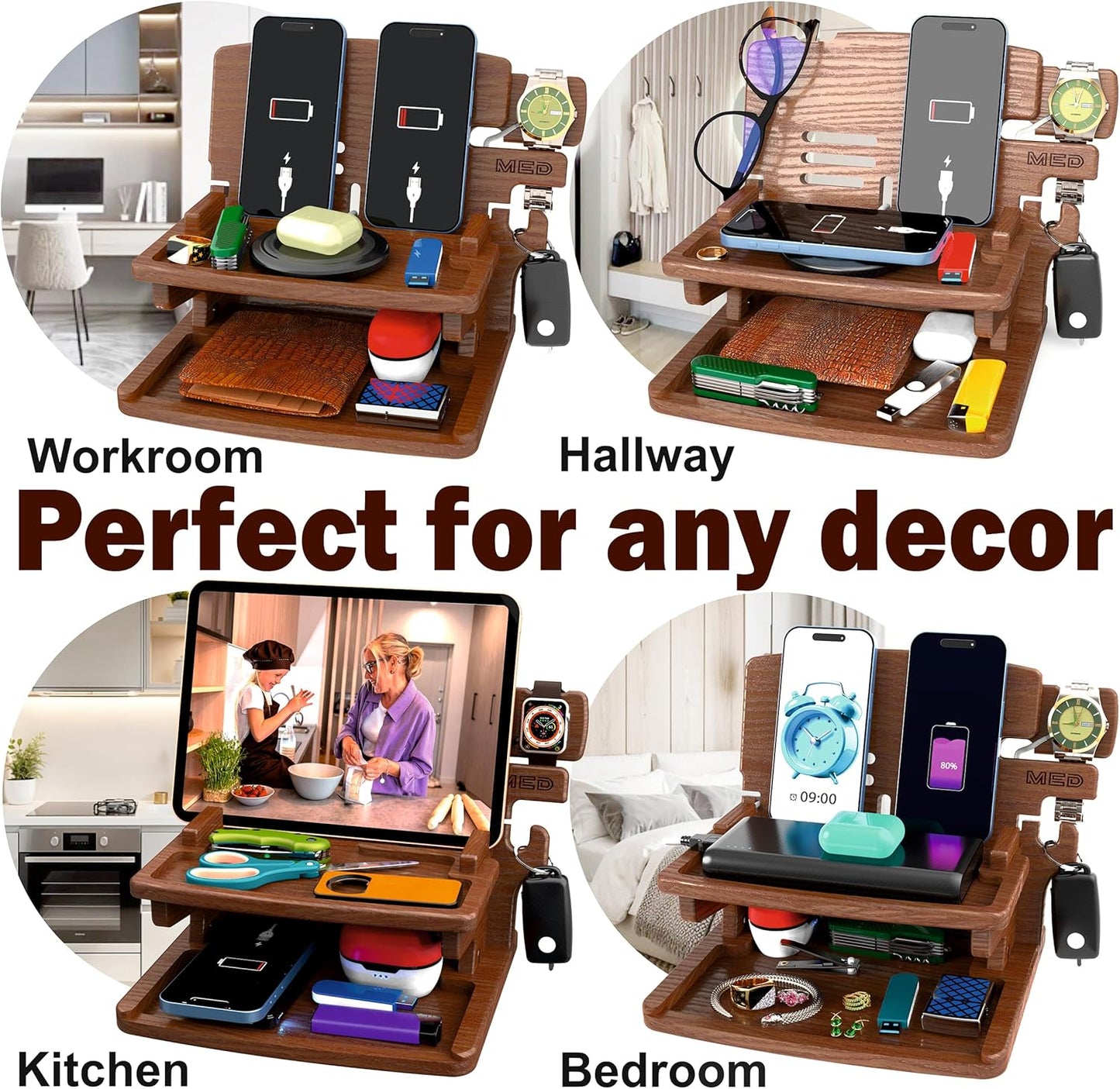 MED Wood Phone Docking Station – Nightstand Desk Organizer for Phone, Watch, Wallet & Tablet – Gift for Men, Husband, Dad & Women – Wooden Charging Stand, (Black, Model 2)