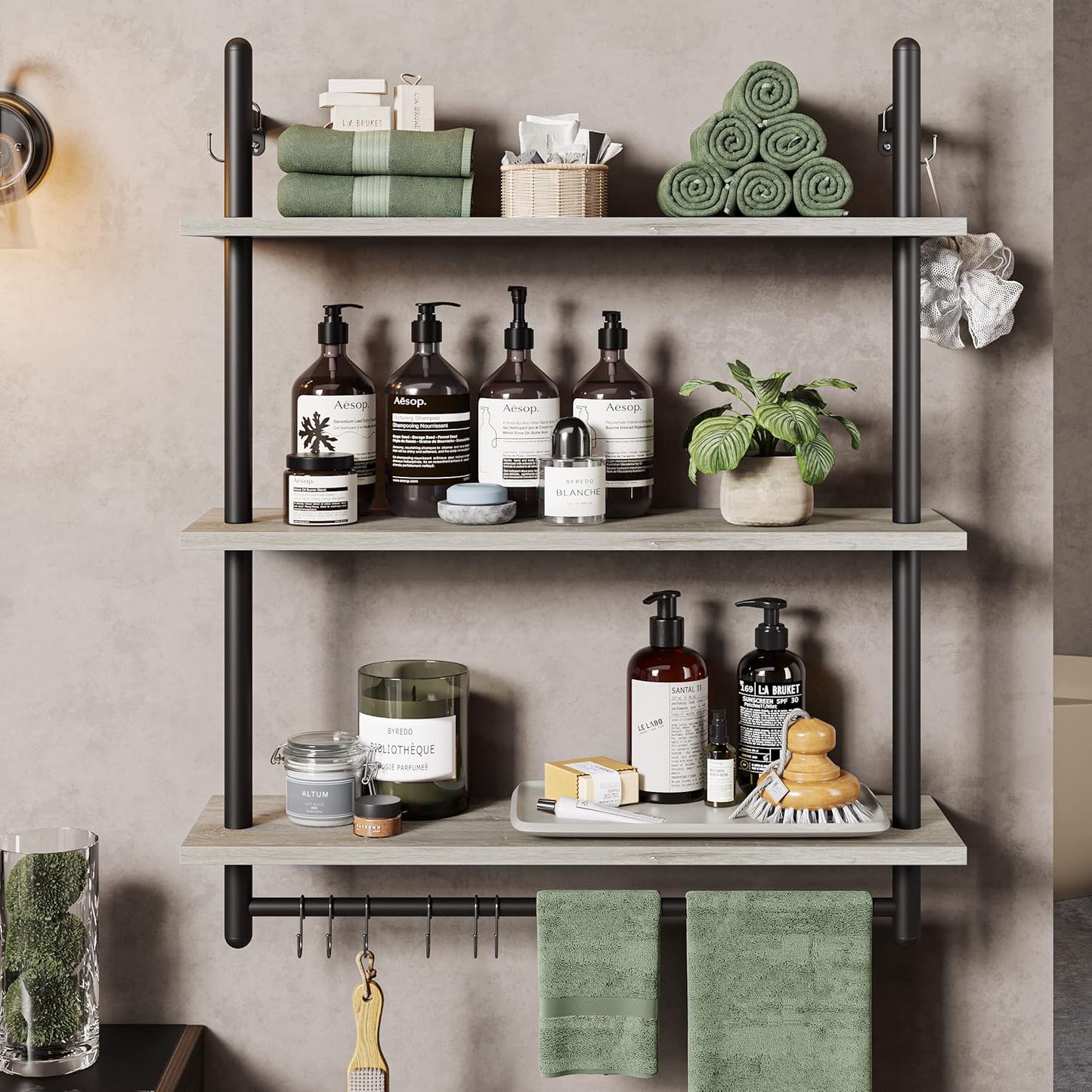 Bestier 3 Tier Industrial Pipe Shelving, Floating Book Shelves for Wall, Storage Hanging Shelves with Towel Bar for Bathroom Organizer Bedroom Kitchen Plants Office. 31.5 Inch Retro Grey