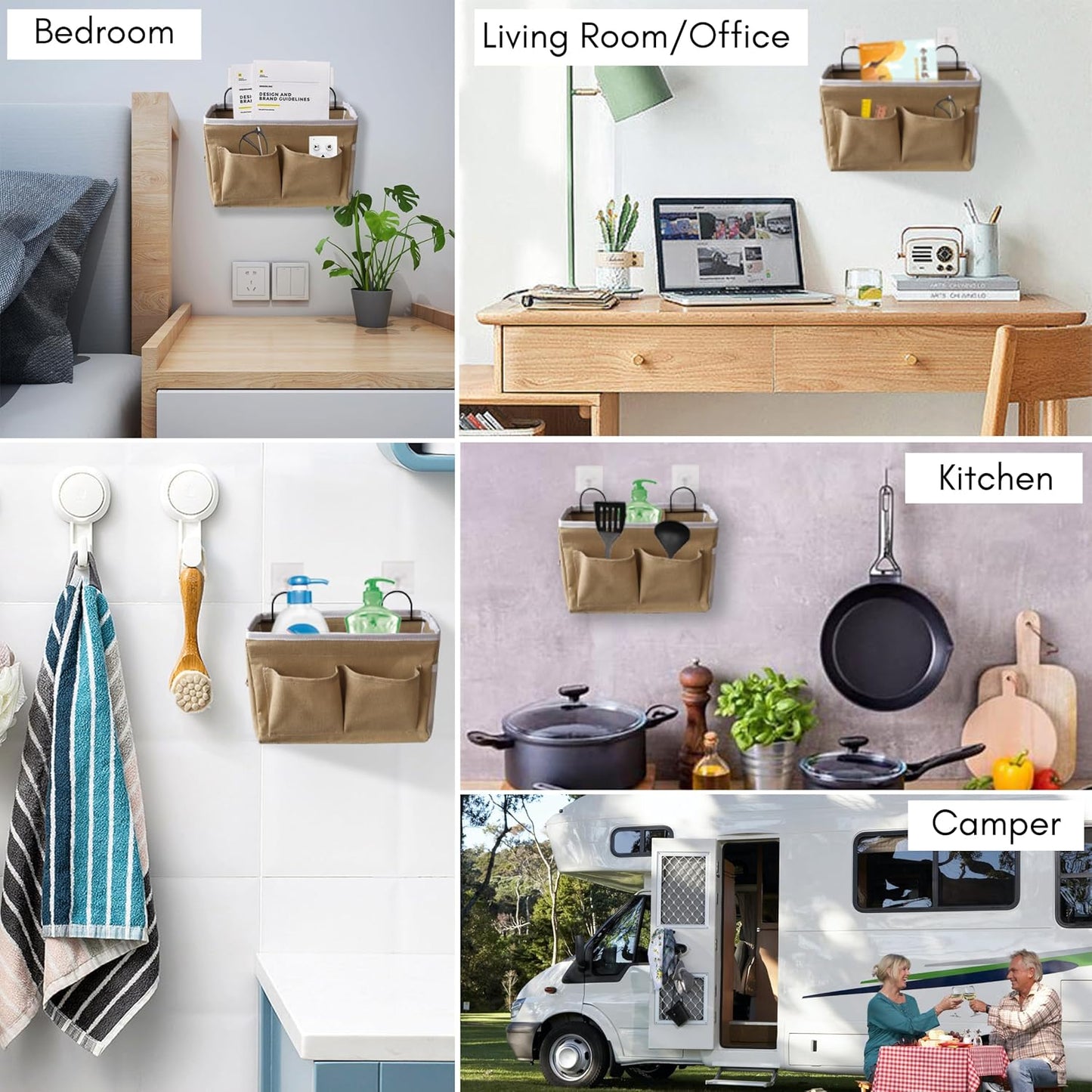 3pcs Middle Wall Hanging Organizer Bag, Linen Fabric Door Hanging Storage Basket with Pockets, Waterproof Bin for Kitchen, Bedroom, Office, RV Camper (Khaki)