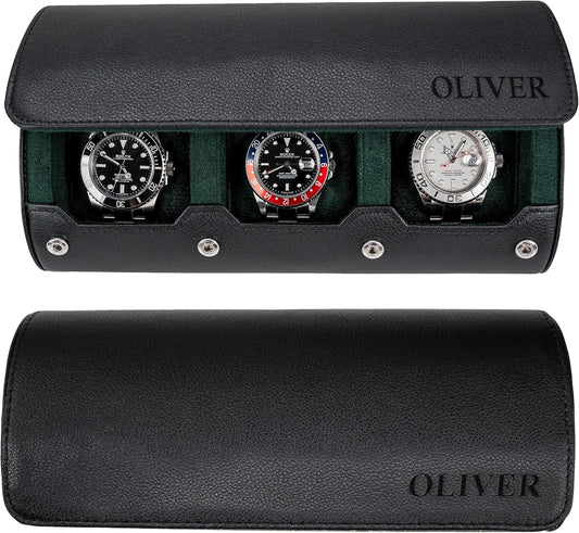 DailyWatch | Personalized Watch Roll Travel Case For 3 Watches - Handmade Genuine Leather Travel Case With Custom Engraving of Name or Initials - Black Green