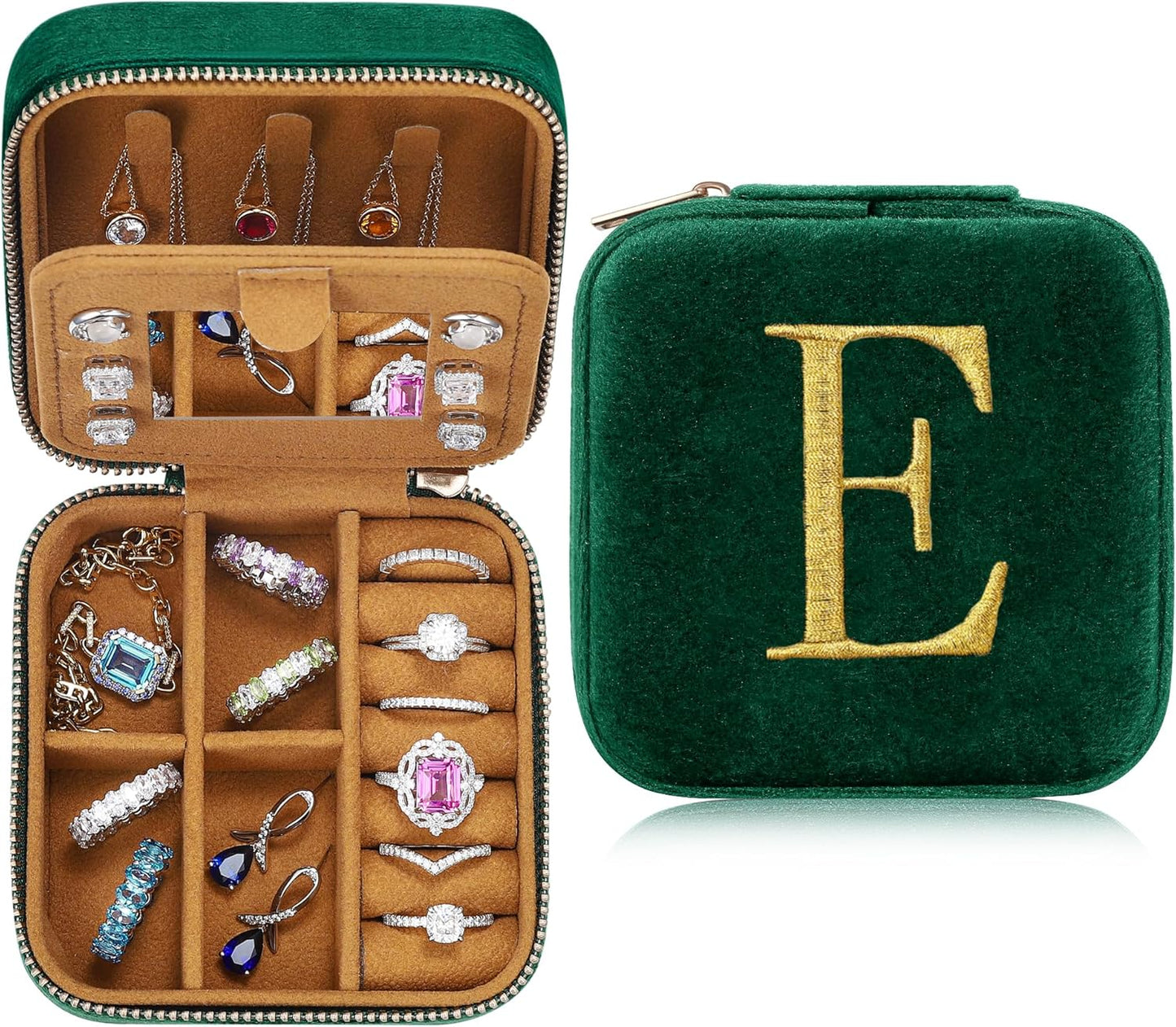 Parima Bridesmaid Proposal Gifts Wedding Day - Personalized Plush Velvet Bridesmaid Travel Jewelry Case Organizer Bridal Shower Bride Matron Maid Of Honor Bachelorette Gifts - Letter E, Green