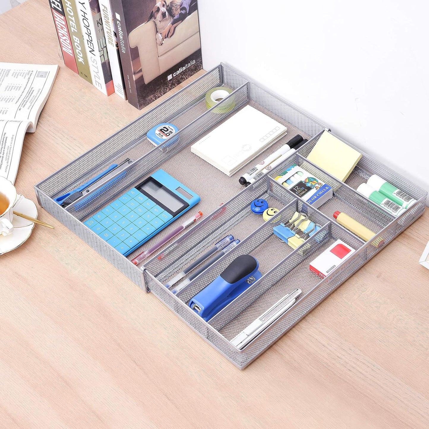 WuGeShop Expandable Office Drawer Organizer, 6 to 7 Compartments Adjustable Mesh Desk Drawer Organizer, Good Desk Organizer for Office Supplies and Art Supplies