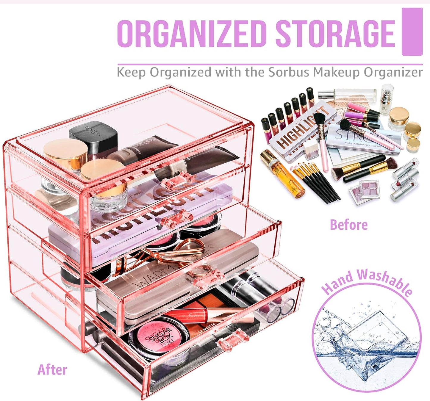 Sorbus Makeup Organizer - 4 Drawer Acrylic Make Up Organizers and Storage for Cosmetics, Jewelry, Beauty Supplies, Clear Makeup Organizer for Vanity, Girl's Room, College Dorm, Counter, Bathroom-Sinks
