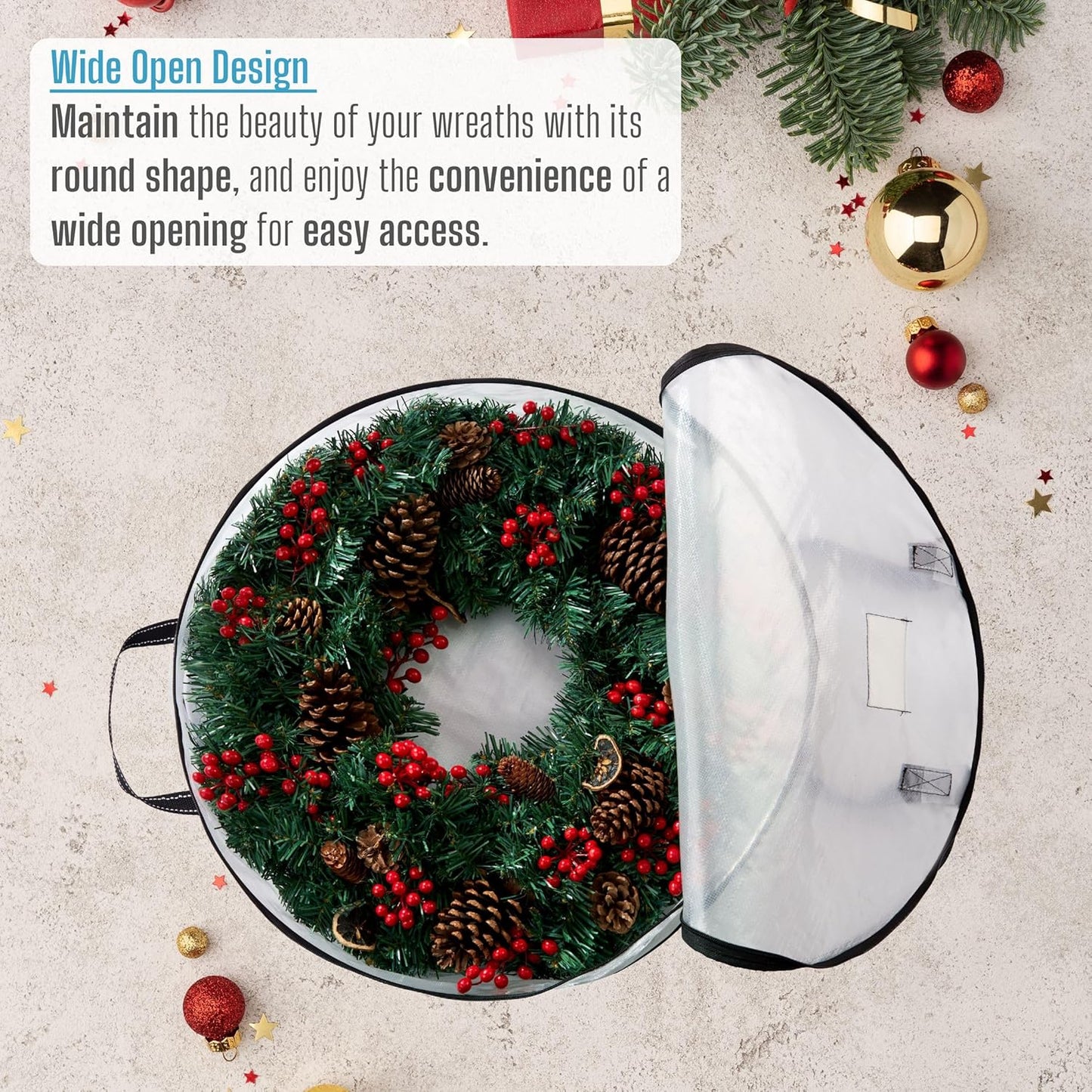 VENO 4 Pack Christmas Wreath Storage Container - 24 Inch Clear Wreath Bag, Christmas Garland and Holiday Decoration Organizers with Zipper and Durable Handles (Clear, 24"-4 Pack)