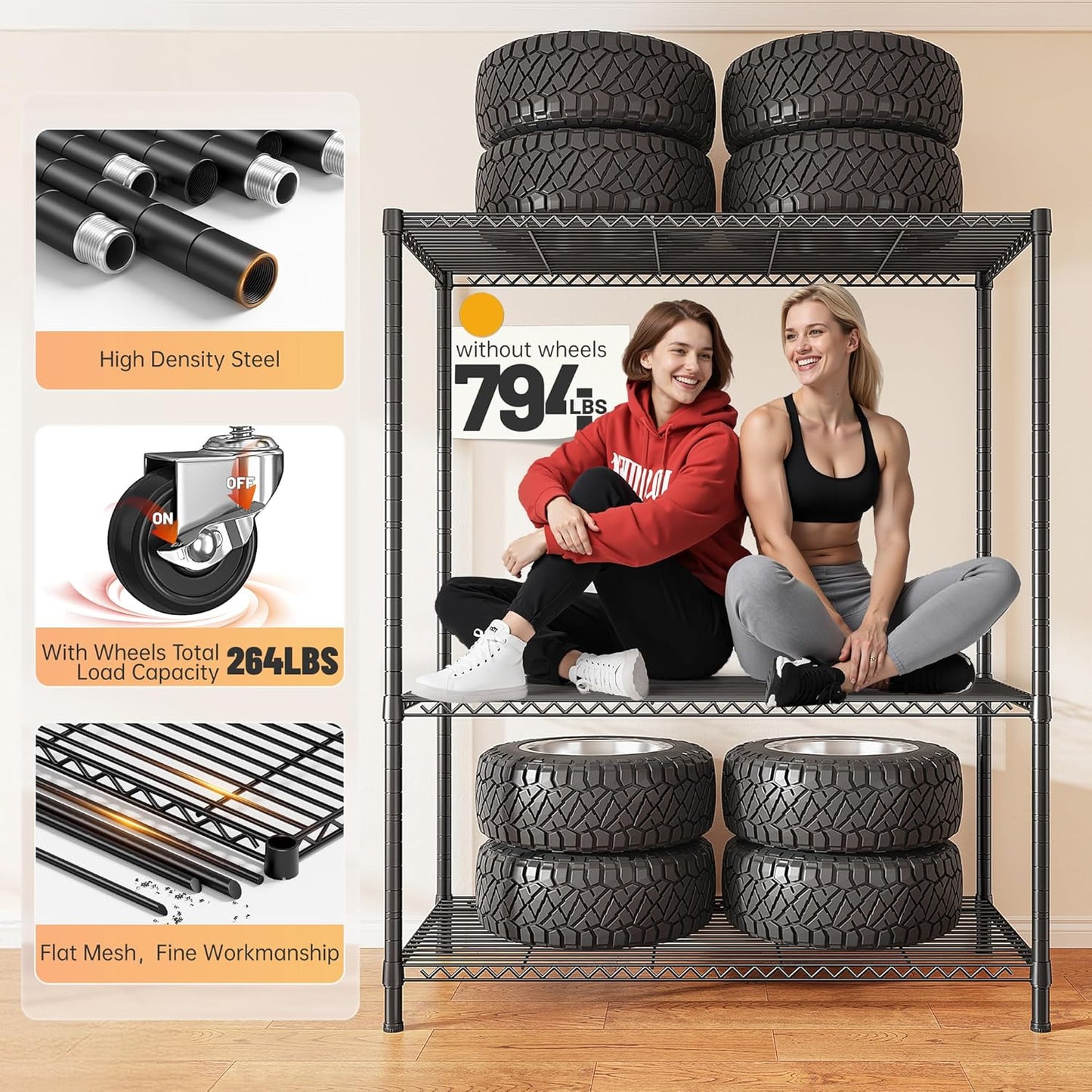 REIBII 4-Tier Storage Shelves Wire Shelving Unit with Cover & Wheels, Heavy Duty Metal Shelving for Dorm Storage Shelves, Garage Storage Rack Commercial Shelf, Pantry, Kitchen, 36" W*14.3" D*56.5" H
