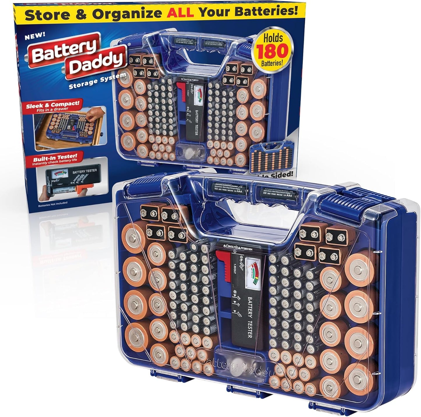 Ontel Battery Daddy Storage & Organizer Case with Tester, Stores & Protects Up to 180 Batteries, Double-Sided, Durable Design with Clear Locking Lid, Secure Latches & Portable Carrying Handle - Blue