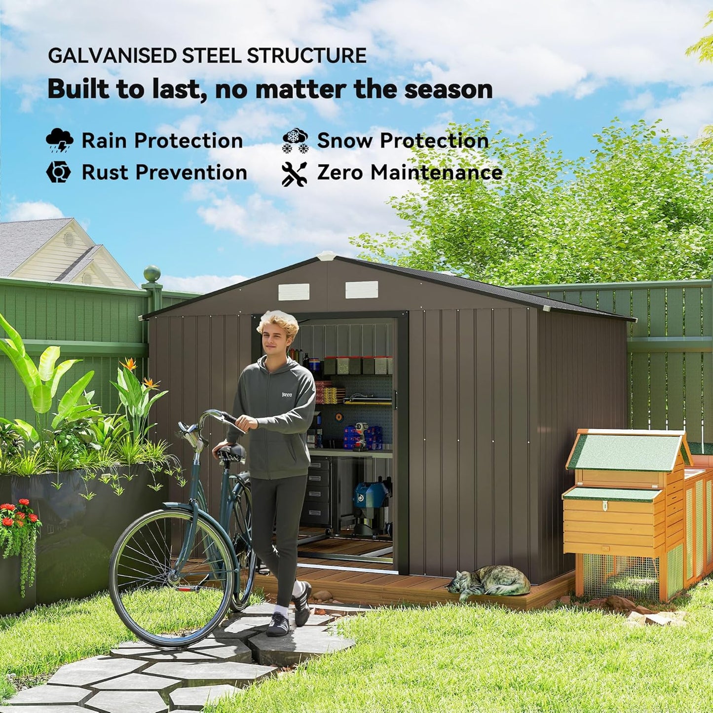 Outsunny 9' x 6' Outdoor Storage Shed, Garden Tool Metal Shed with Foundation Kit, Double Lockable Door, Air Vents and Sloping Roof, for Backyard, Patio, Lawn, Brown