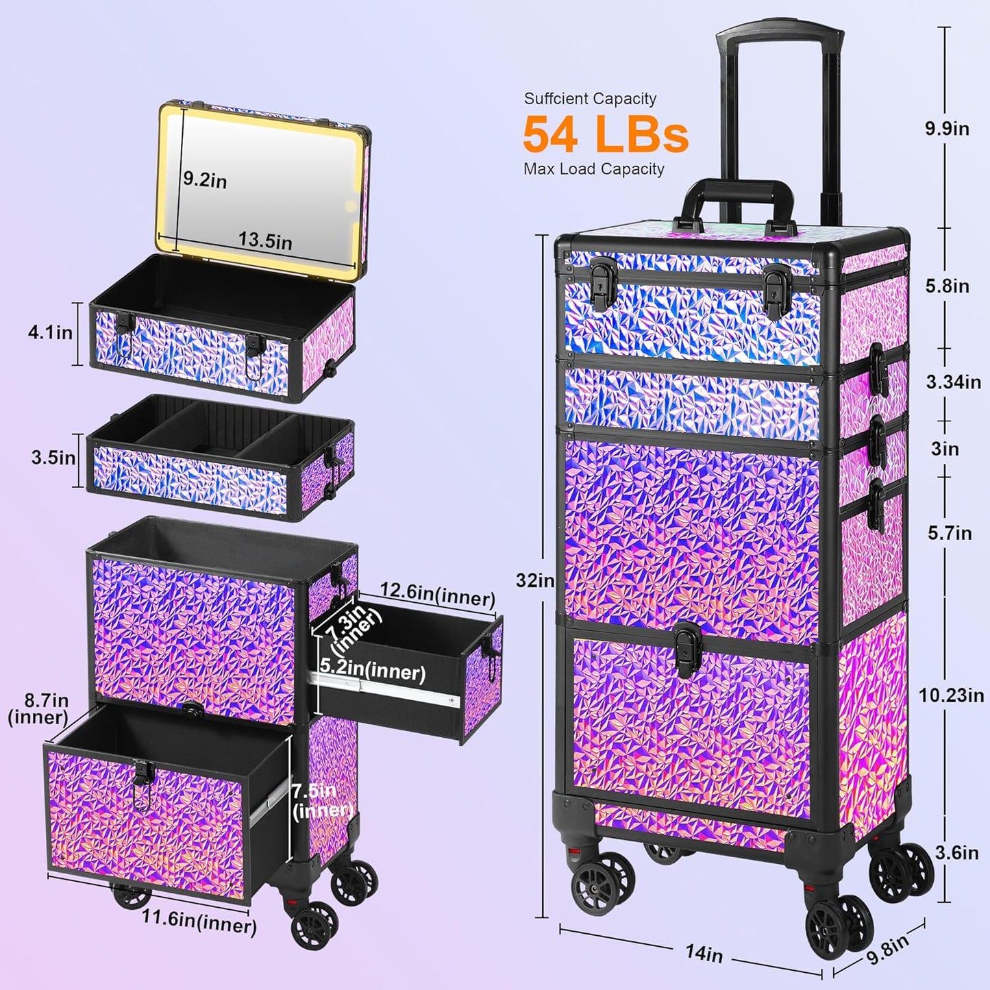 Rolling Makeup Case with Lighted Mirror, Makeup Train Case with Large Drawer, Cosmetology Case, Travel Makeup Organizers, Professional for Salon Barber, Nail, Tattoo, Multicolor Purple