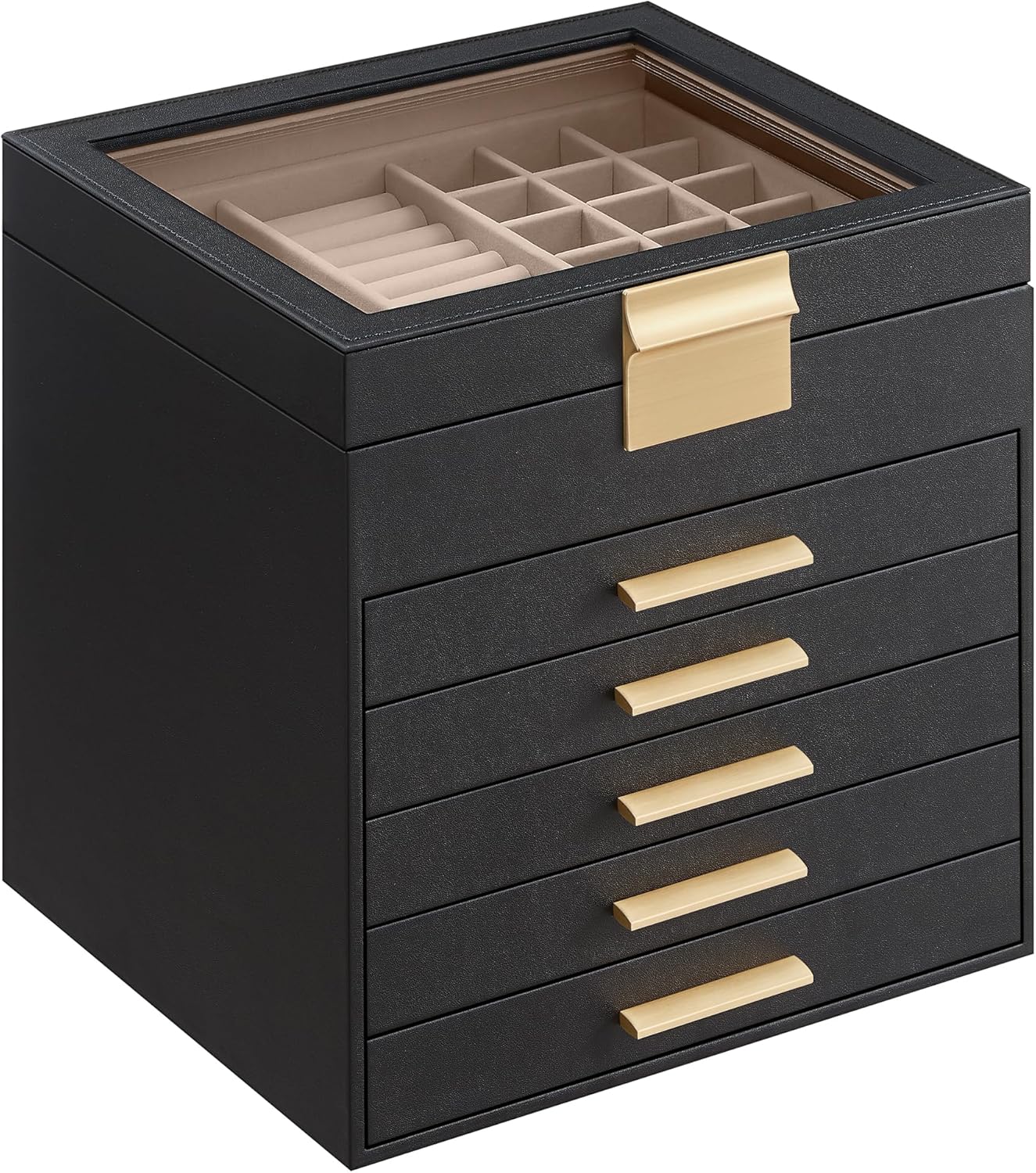 SONGMICS Jewelry Box Organizer with Glass Lid, 6-Layer Jewelry Storage, with 5 Drawers, Modern Style, Christmas Gift, 8 x 9.1 x 9 Inches, Graphite Black and Gold Color UJBC176B01