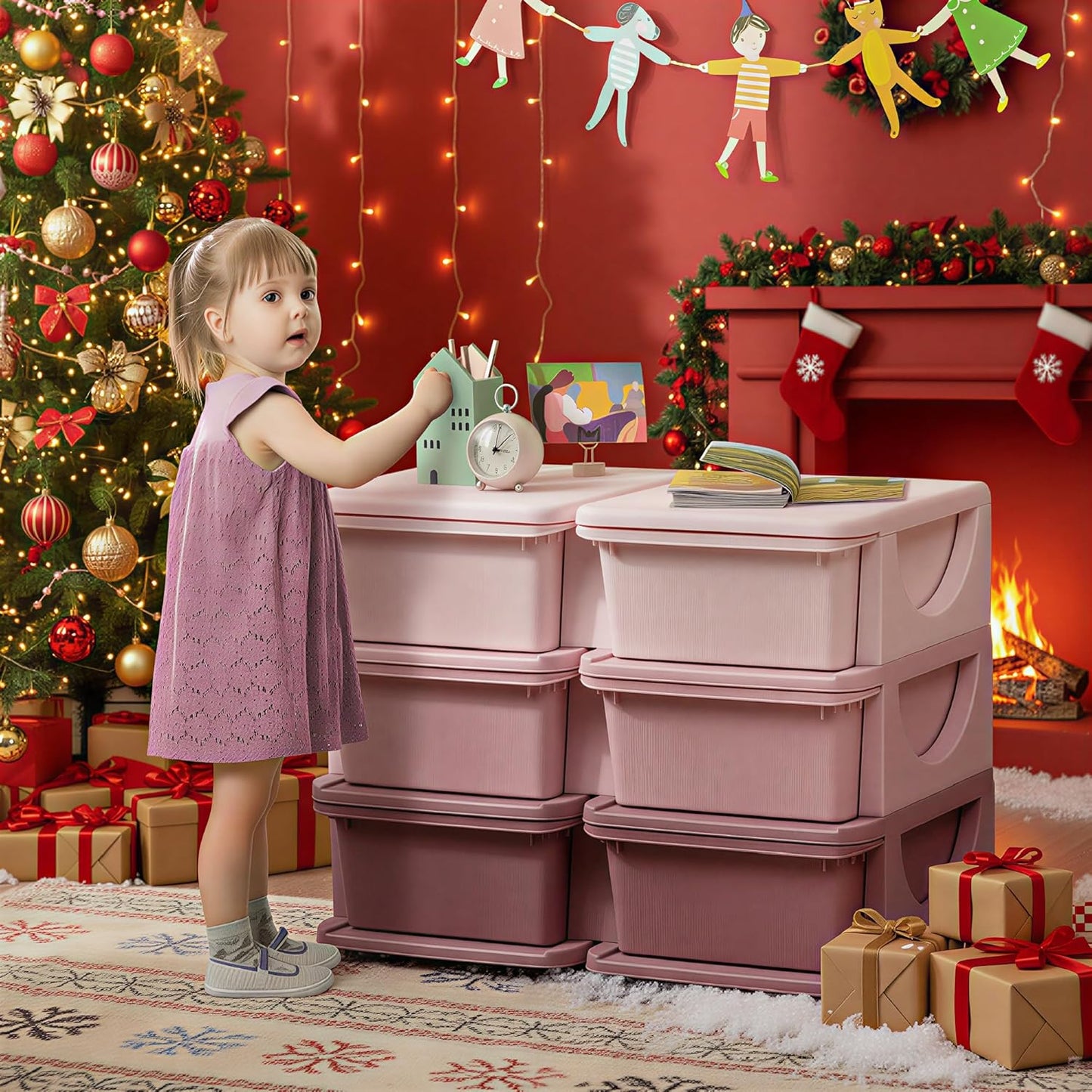 Qaba 3 Tier Kids Storage Unit, 6 Drawer Chest Toy Organizer Plastic Bins for Kids Bedroom Nursery Kindergarten Living Room for Boys Girls Toddlers, Pink