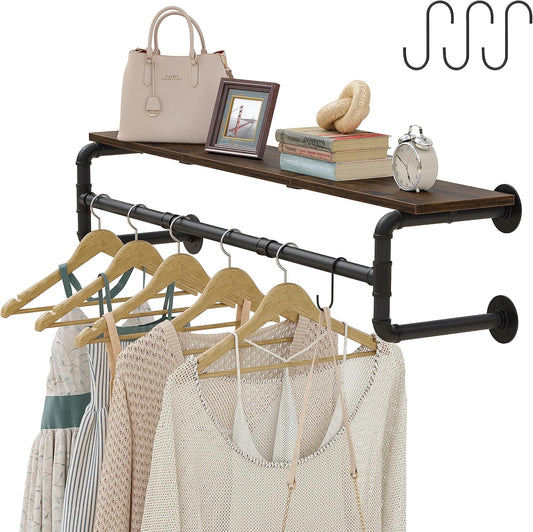 Industrial Pipe Clothes Rack with Top Shelf and 3 Hooks, 41''L Wall Mounted Garment Rack, Heavy Duty Iron Garment Bar, Clothes Hanging Rod Bar, 4 Base Max Load 135Lb Black