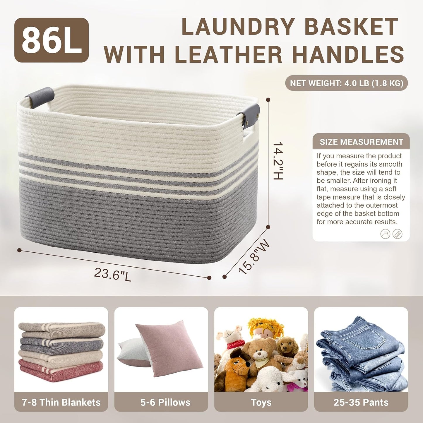 86L Extra Large Laundry Basket with Leather Handles for Living Room Storage, Woven Rope Baskets for Blanket, Kids Toy, Gifts, Wicker Hamper for Bedroom Dirty Clothes, 24"x16"x14" White Grey