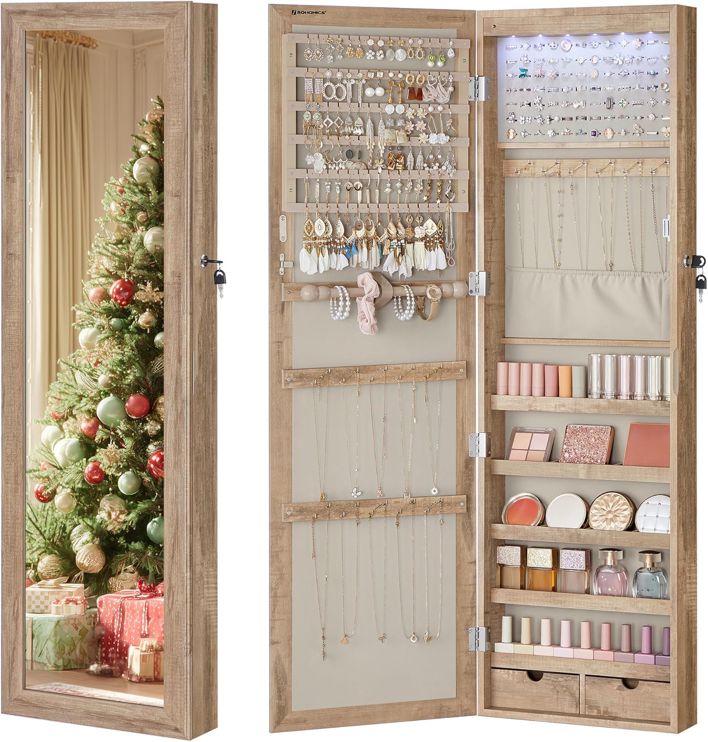 SONGMICS 6 LEDs Mirror Jewelry Cabinet, 47.2-Inch Tall Lockable Wall or Door Mounted Jewelry Armoire Organizer with Mirror, 2 Drawers, Christmas Gift, 3.9 x 14.6 x 47.2 Inches, Toasted Oak Color