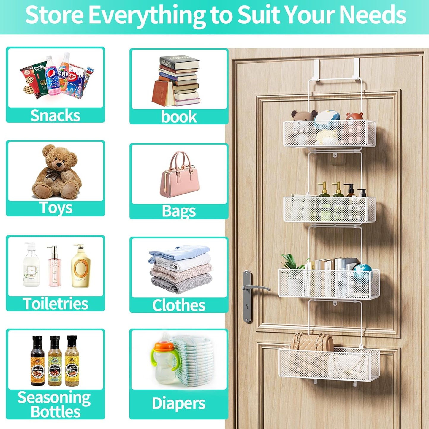 HapiRm Over Door Organizer Storage - Separable Door Organizer Hanging with 4 Metal Large Capacity Baskets for Bathroom Bedroom Kitchen Pantry Closet (White)
