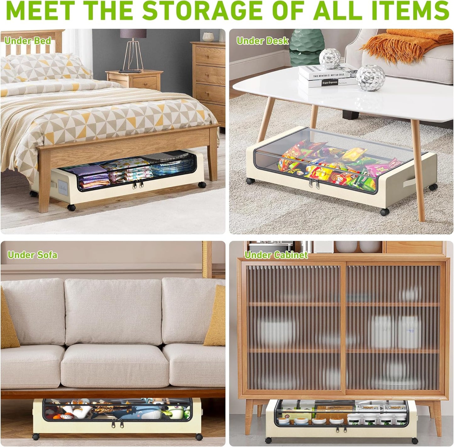 Under Bed Storage with Wheels, XXL 60L Under the Bed Storage Bins, Underbed Storage Containers with Lids & Label, Rolling Metal Drawer for Shoes, Clothes, Books, Toys (4-Pack Beige)