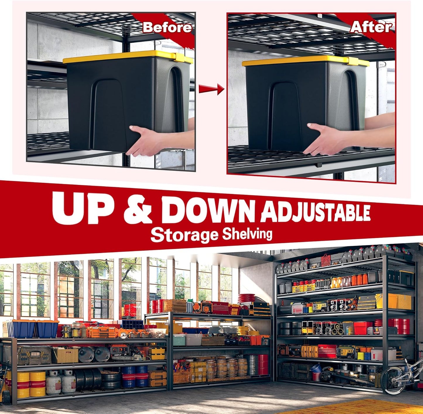 REIBII 60" W Garage Shelving, 3000LBS Metal Shelving Units, 6 Tier Storage Shelves, Adjustable Heavy Duty Shelving and Storage Rack for Warehouse, Pantry, Basement, 60" W x 84" Hx 24" D