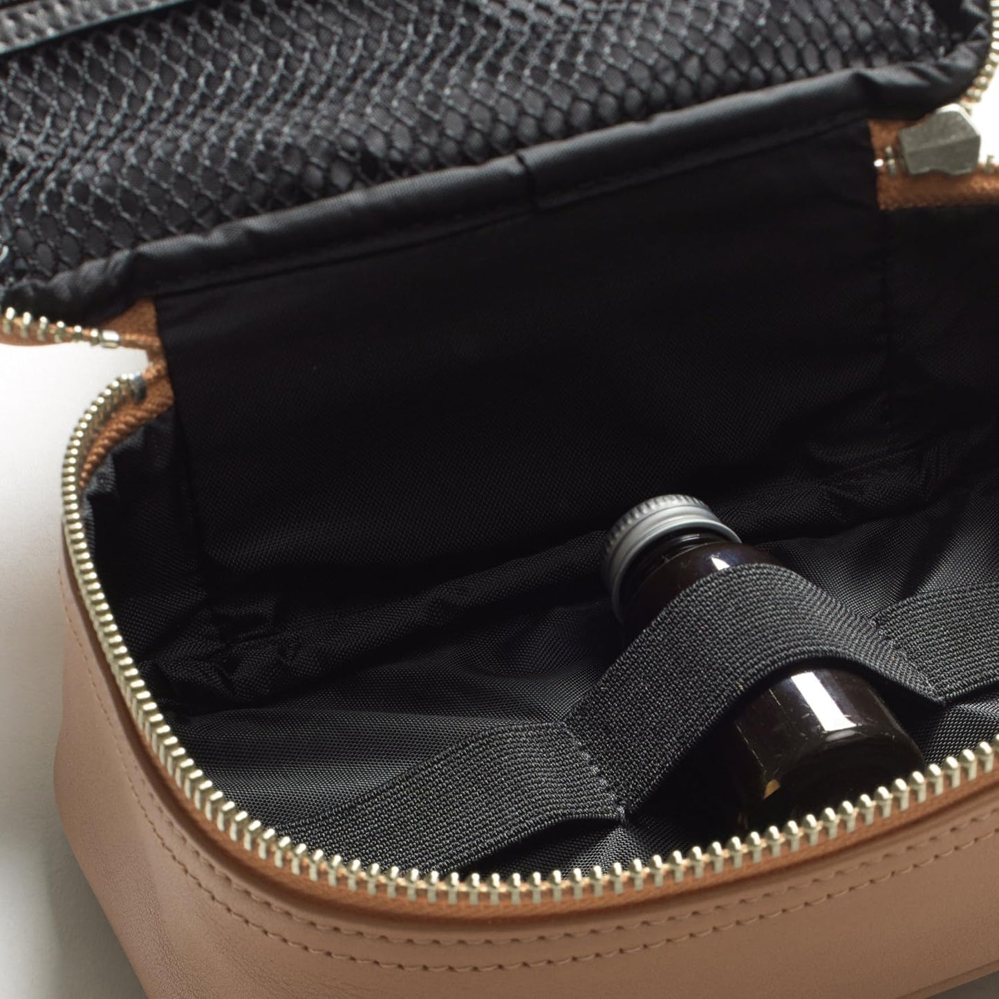 Leatherology Cognac Small Travel Organizer - Zipped mesh storage pocket, elastic loops for organization, compact travel size