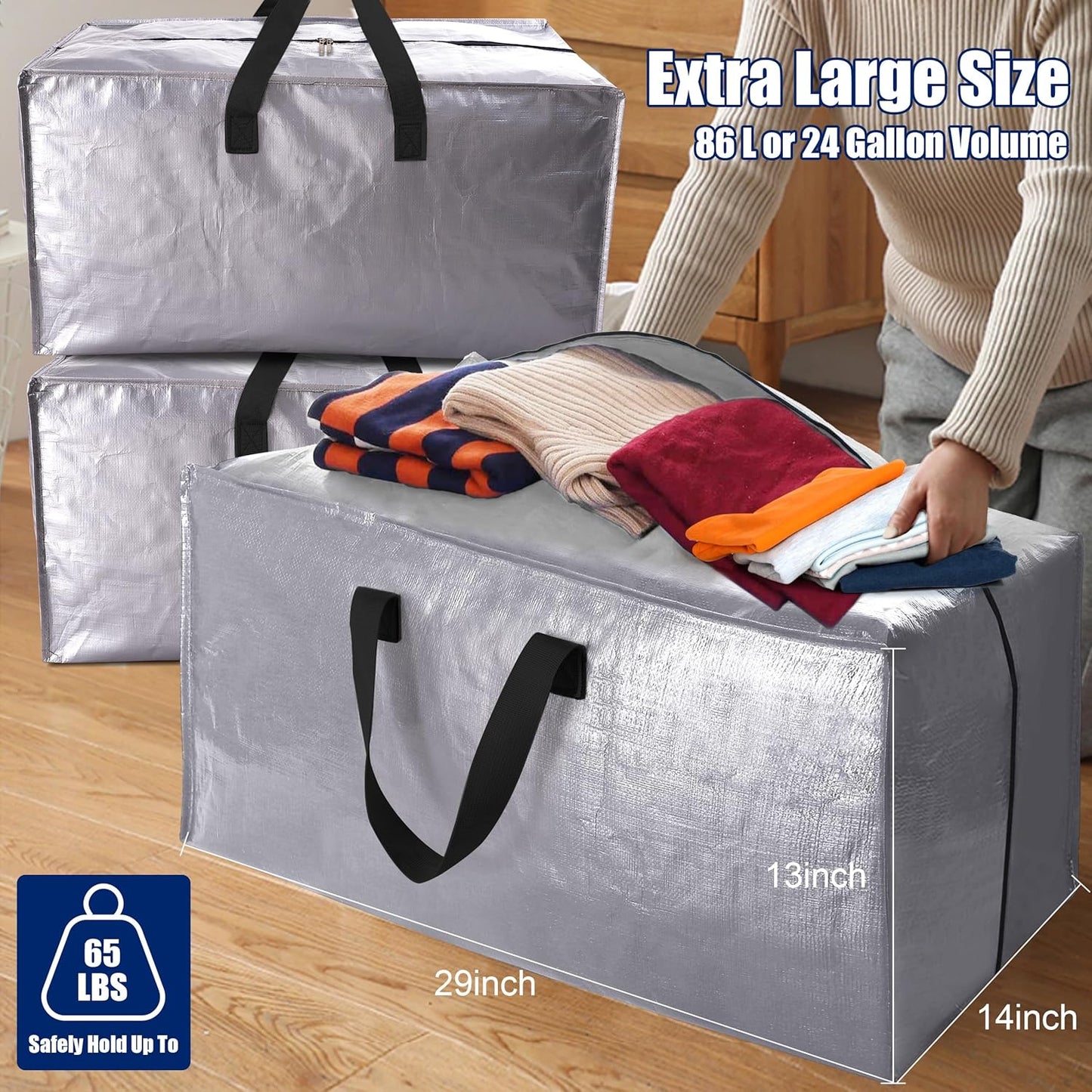 Cosy Family 8 Pack Heavy Duty Extra Large Moving Bags with Backpack Straps - Strong Handles & Zippers, Storage Totes For Space Saving, Fold Flat, Alternative to Moving Box (Set of 8, Silver)