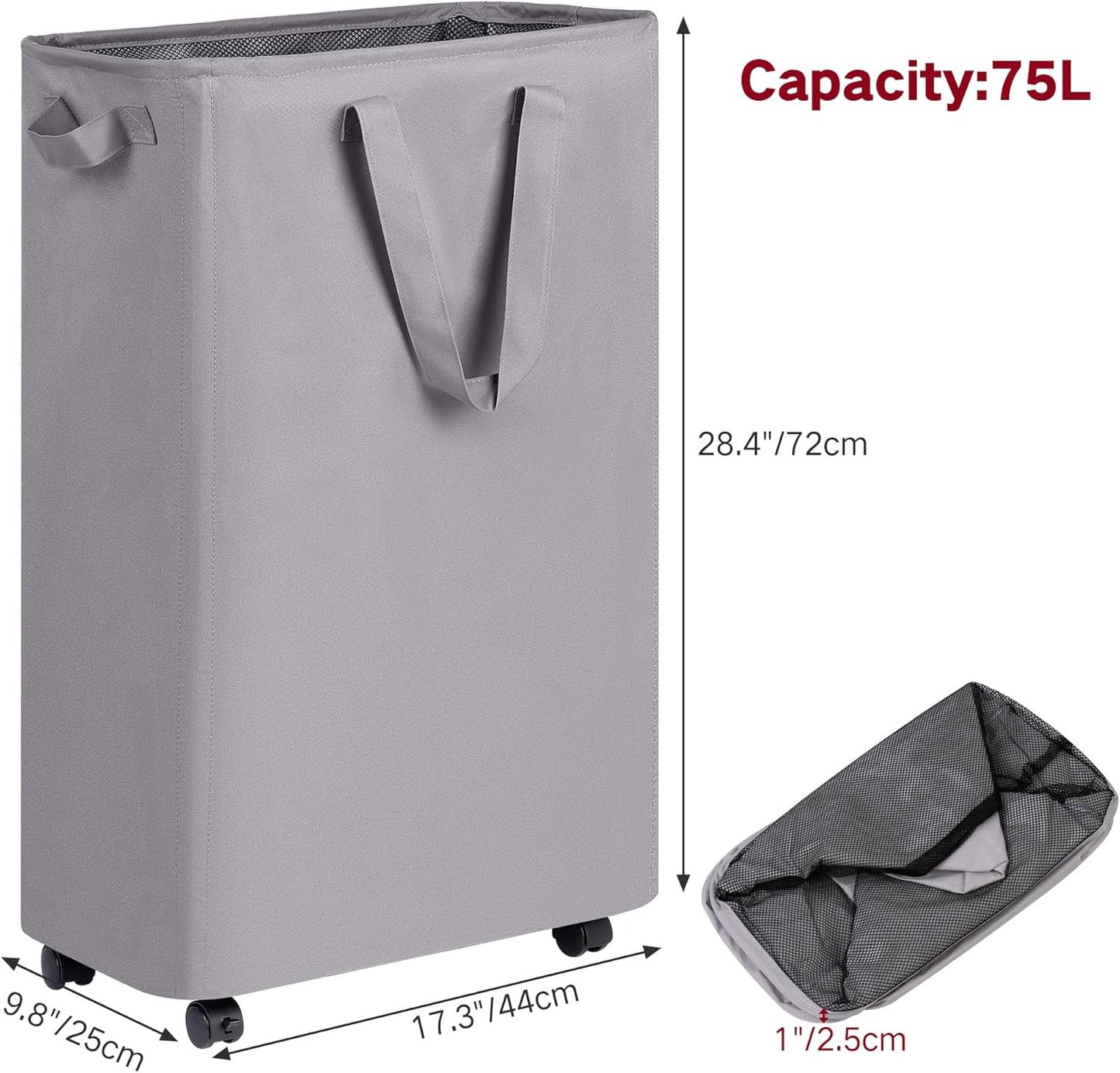 efluky Slim Laundry Hamper with Wheels, Rolling Laundry Basket for Clothes, Small Laundry Basket for Bedroom, Dorm and Laundry Room, 75L (19.8 Gallons) Grey