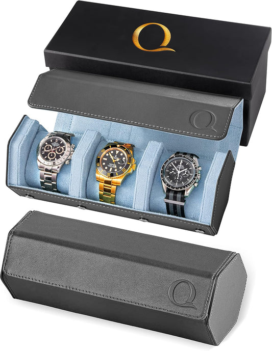 QWATCHBANDS Napa Leather Watch Rolls for Men - Hexagon Triple Watch Roll Travel Case for 3 Watches - Storage Organizer Genuine Leather with Velvet Interior Display (Gray/Blue)
