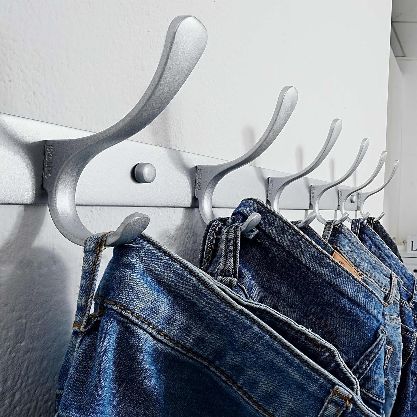 SKOLOO Coat Rack Wall Mounted - 6 Hooks, Heavy Duty, Stainless Steel, Metal Wall Hangers, Sturdy Coat Hooks for Hanging Coats, Jacket, Clothes, Hat, Cold Light Silver