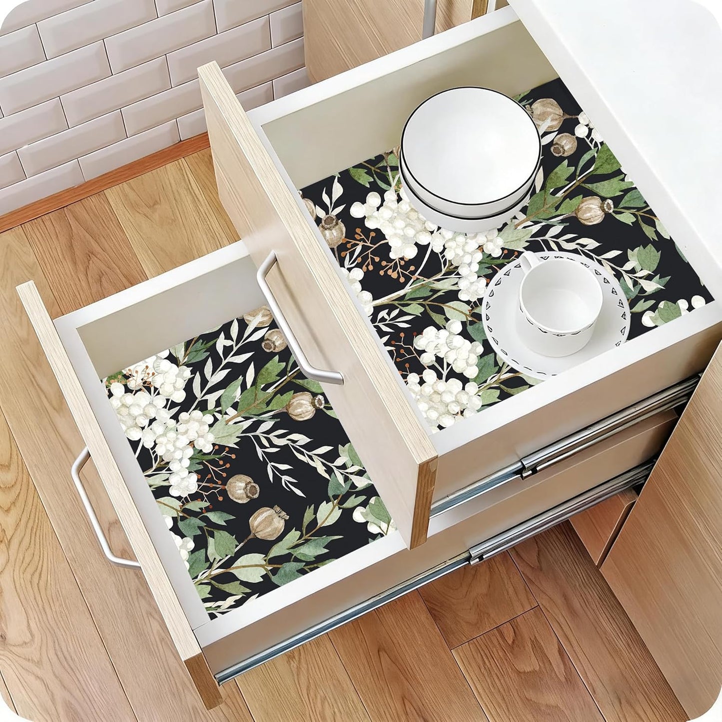 Floralplus Shelf Liner for Cabinet Kitchen, Self Adhesive Cabinet Drawer Liner, Floral Contact Paper for Kitchen, Waterproof Pantry Countertop Refrigerator Liners 17.7 x 78.7 in