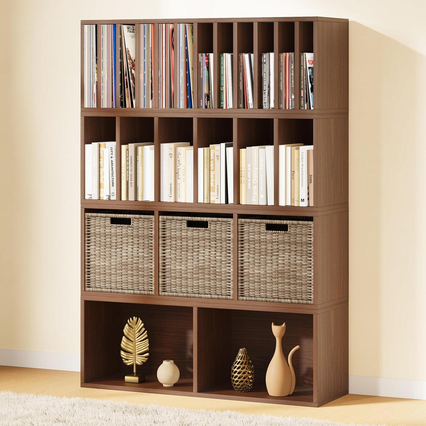 IOTXY DIY Modular Cube Bookcase - CubeXY Customizable Stackable Expandable Combination Set, 23-Cube Open Bookshelf for Books, Fabric Storage Bin, and Vinyl Record Organizer, Walnut
