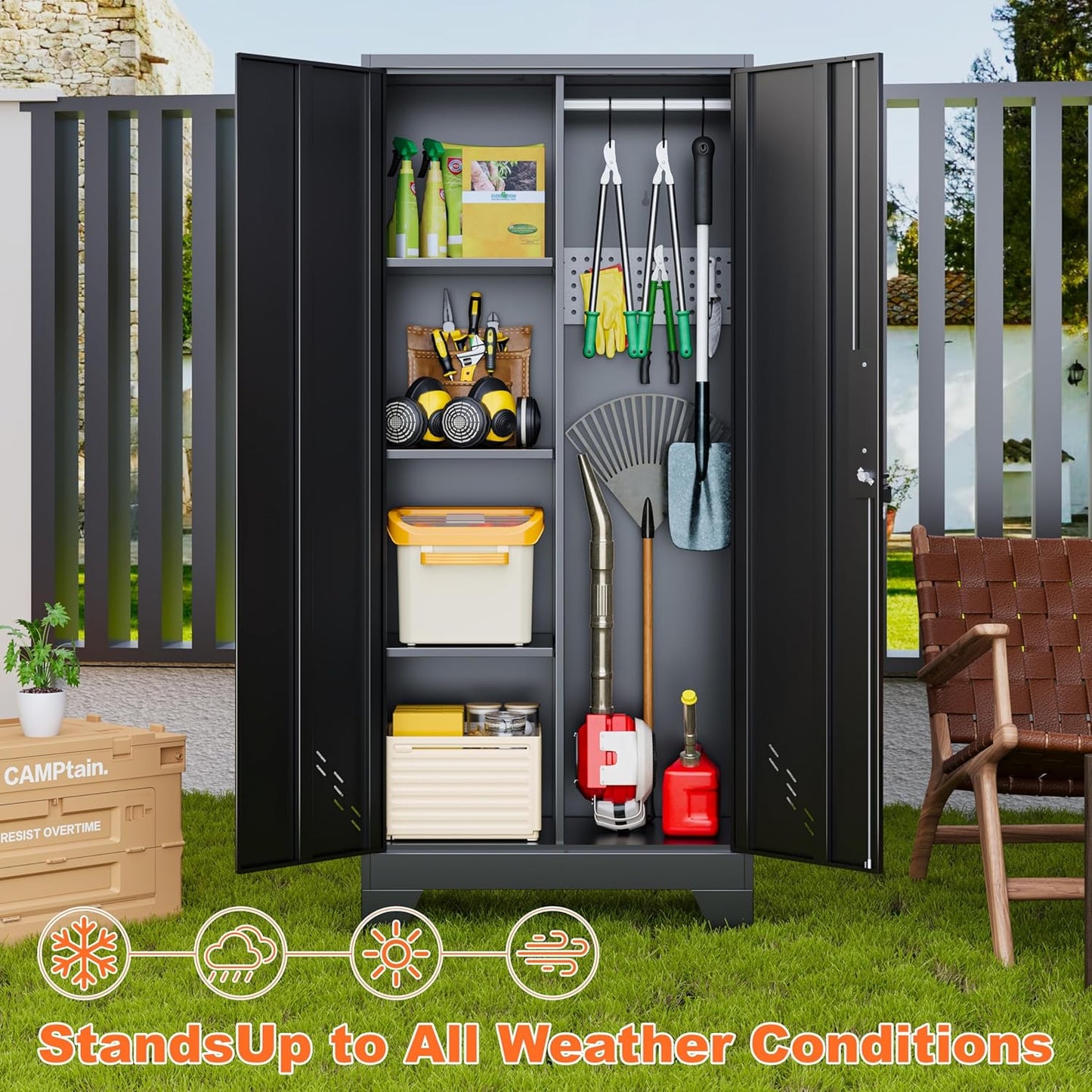 Storage Cabinet 61" H, Metal Outdoor Sheds with Shelves for Tools Storage, Cleaning Supplies Closet with Removable Pegboard for Outdoor, Garage, Utility Room