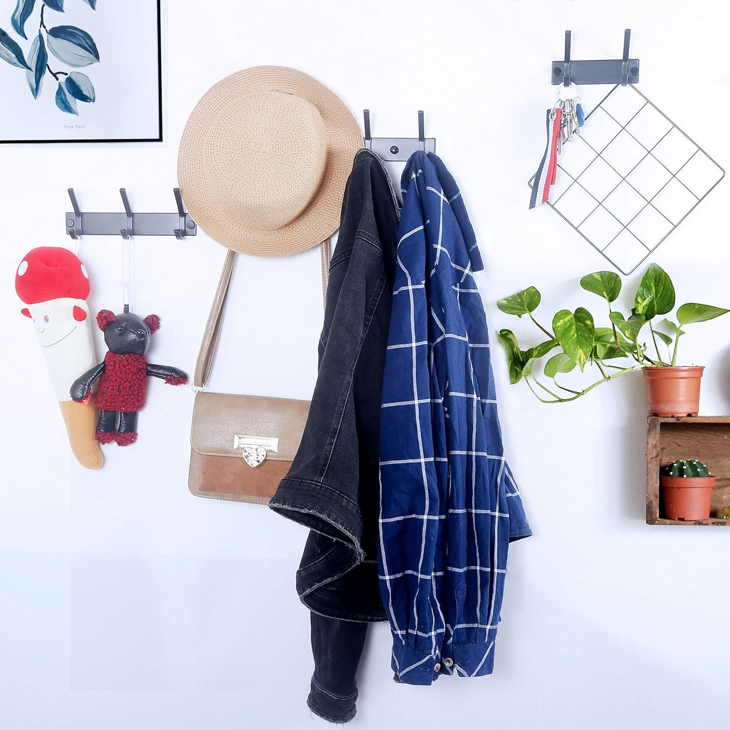 WEBI Coat Rack Wall Mounted,4 Coat Hooks for Hanging Coats,Hook Rack Rail Coat Hanger Wall Coat Rack with Hooks for Clothes,Black,2 Packs