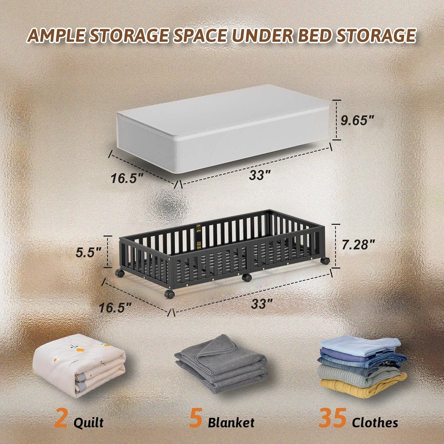 Bamboo Under Bed Storage Containers with Wheels, 2 Pack Large Under the Bed Shoe Storage Bins, Wood Rolling Underbed Drawers Organizer for Bedroom Closet Clothes Blanket Under Crib Toy Black
