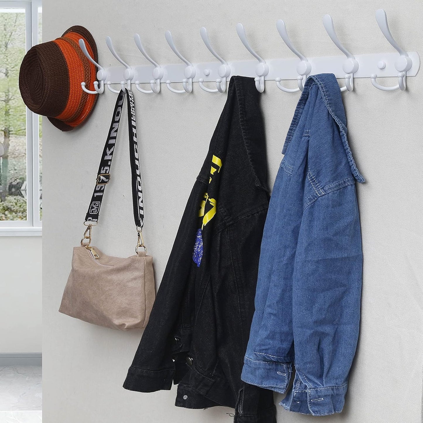 Dseap Coat Rack Wall Mount - 38” Long 10-Tri-Hooks Heavy Duty Coat Hanger Rail Wall Hooks for Hanging Coats Hats Clothing Clothes Purse Mudroom Entryway, White, Pack of 2