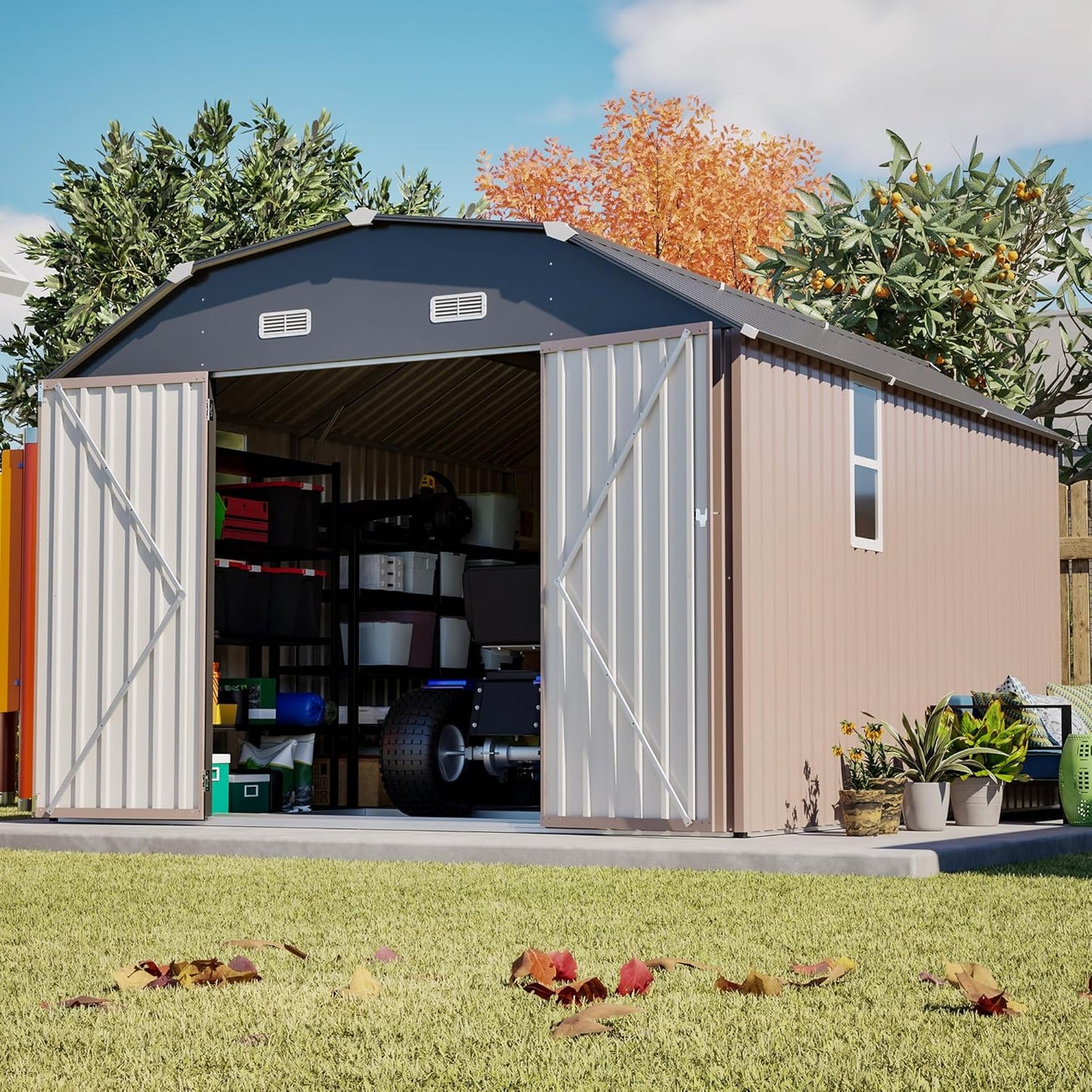 10x12 FT Metal Storage Shed with Floor Frame, Heavy-Duty Outdoor Storage Building with Diamond Roof, 4 Air Vents, Transparent Window & Lockable Double Doors, Snow-Resistant Backyard Garage Shed