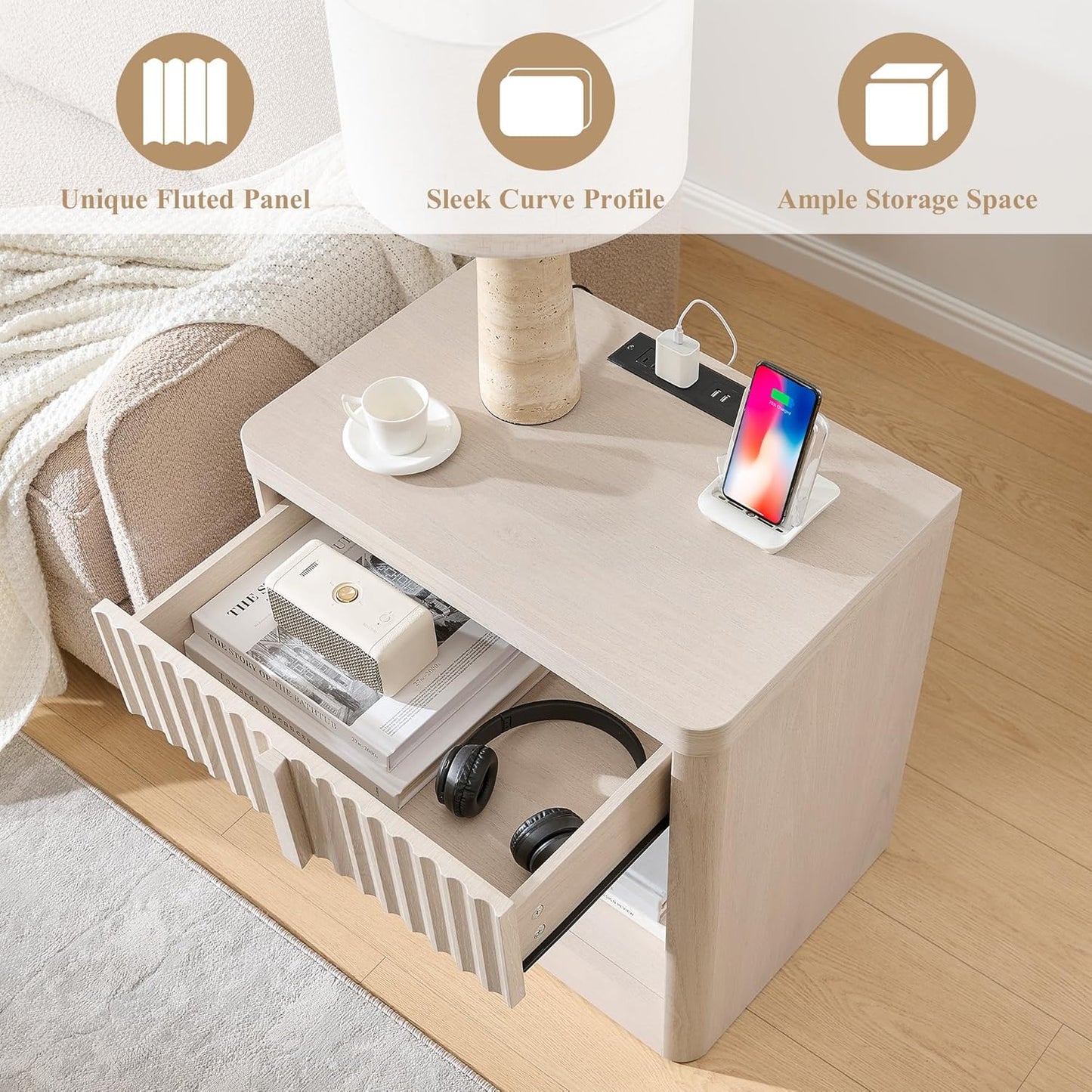 Fluted Nightstand Set of 2 with Charging Station, 23.6" End Table with Open Shelf and Drawers Storage, Bedside Table with Solid Wood Handle, Curved Profile Design, Night Stand for Bedroom