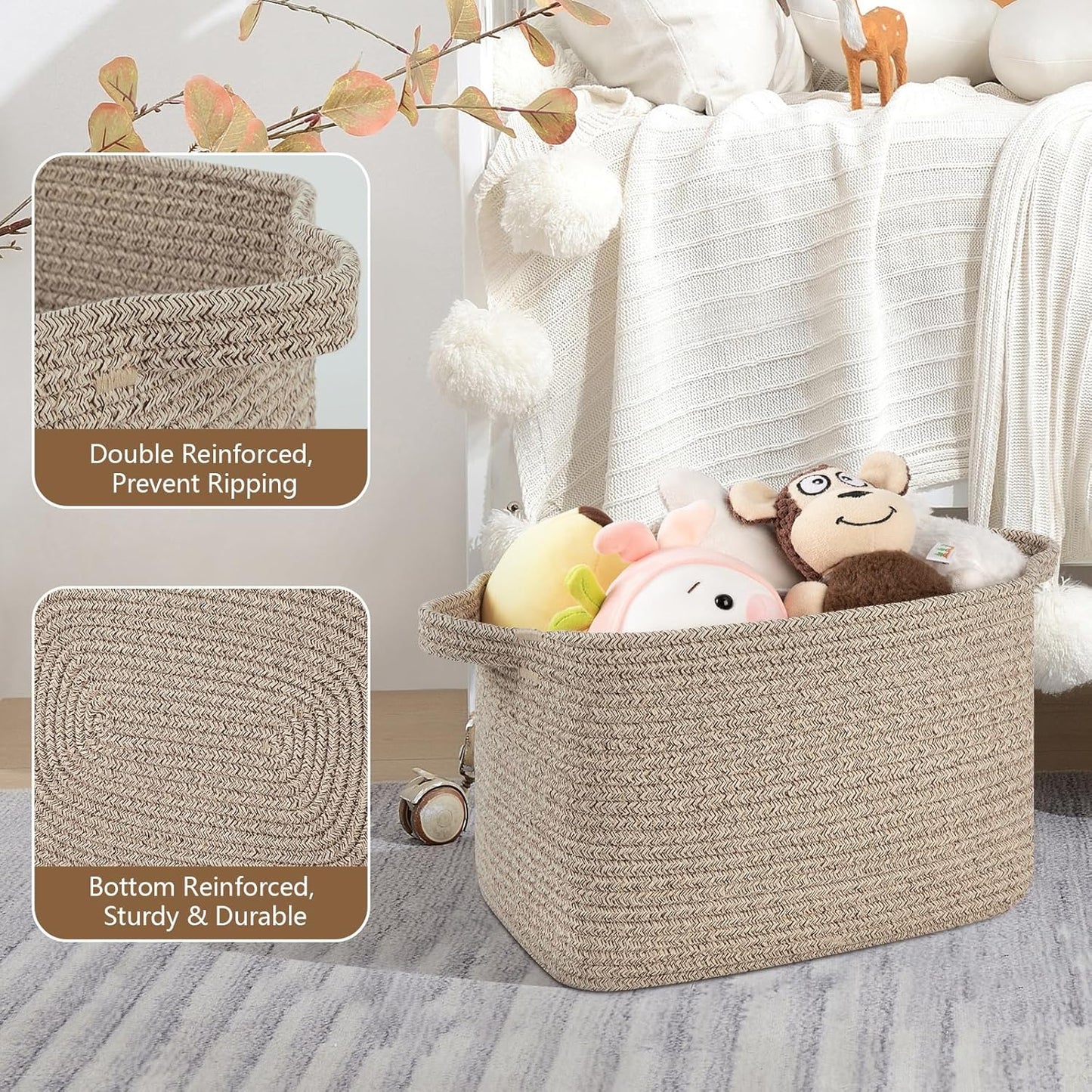 Storage Basket for Organizing, Woven Baskets for Storage, Rectangle Decorative Baskets for Shleves, Closet, Toys, Books, Nursery Organizer Bins - Pack of 3 (Brown, 13"x9.85"x8.7")