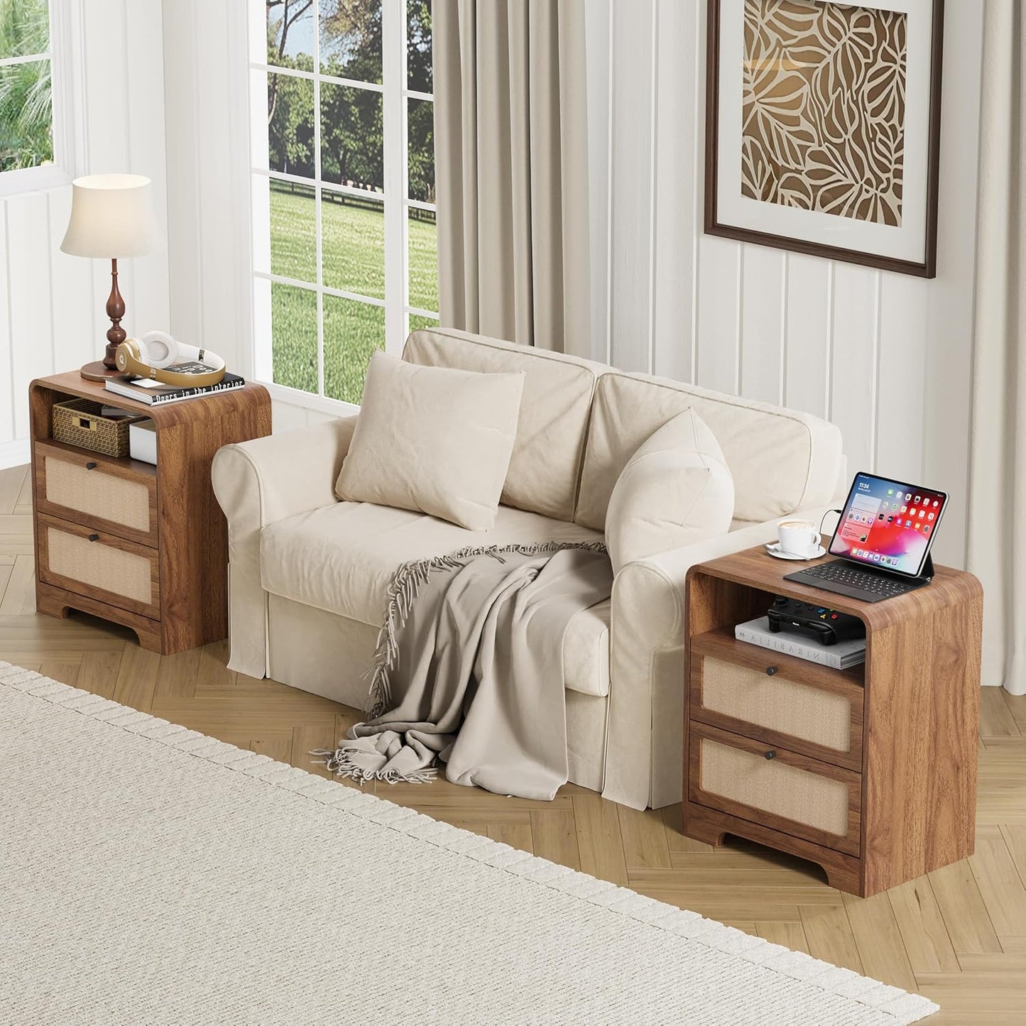 Set of 2 Night Stand with Charging Station, 19.7" Wooden Side Table Curved Nightstands with 2 Drawers & USB/Type-C Ports, Mid Century Modern End Table for Living Room, Bedroom, Nature Linen, Walnut