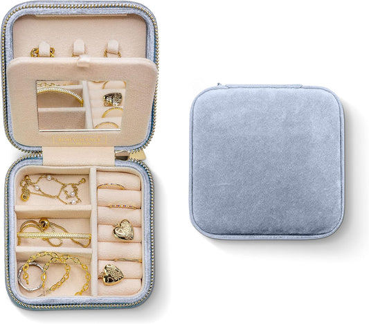 Benevolence LA Plush Velvet Jewelry Box | Travel Jewelry Case Organizer with Mirror | Featured in Oprah's Favorite Things | Best Gifts For Daughter, Girlfriend, Mom | Gifts For Her - Periwinkle Blue