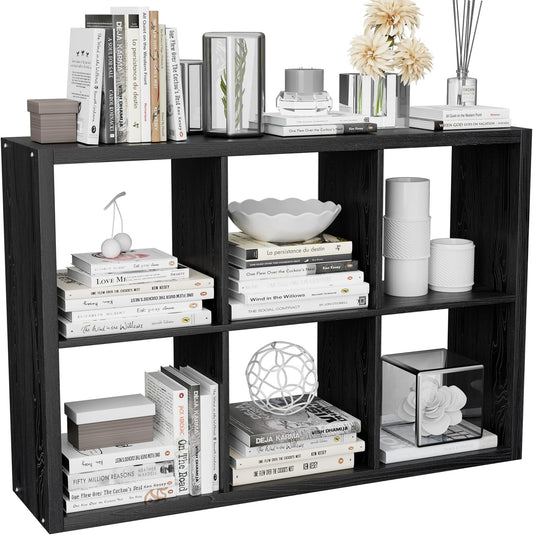 Cube Storage Organizer Bookcase, Decorative 11 inch Open Back Cubical Shelf with Thickened Border, Display Bookshelf for Living Room, Home Office, Sturdy Room (Black, 6 Cube)
