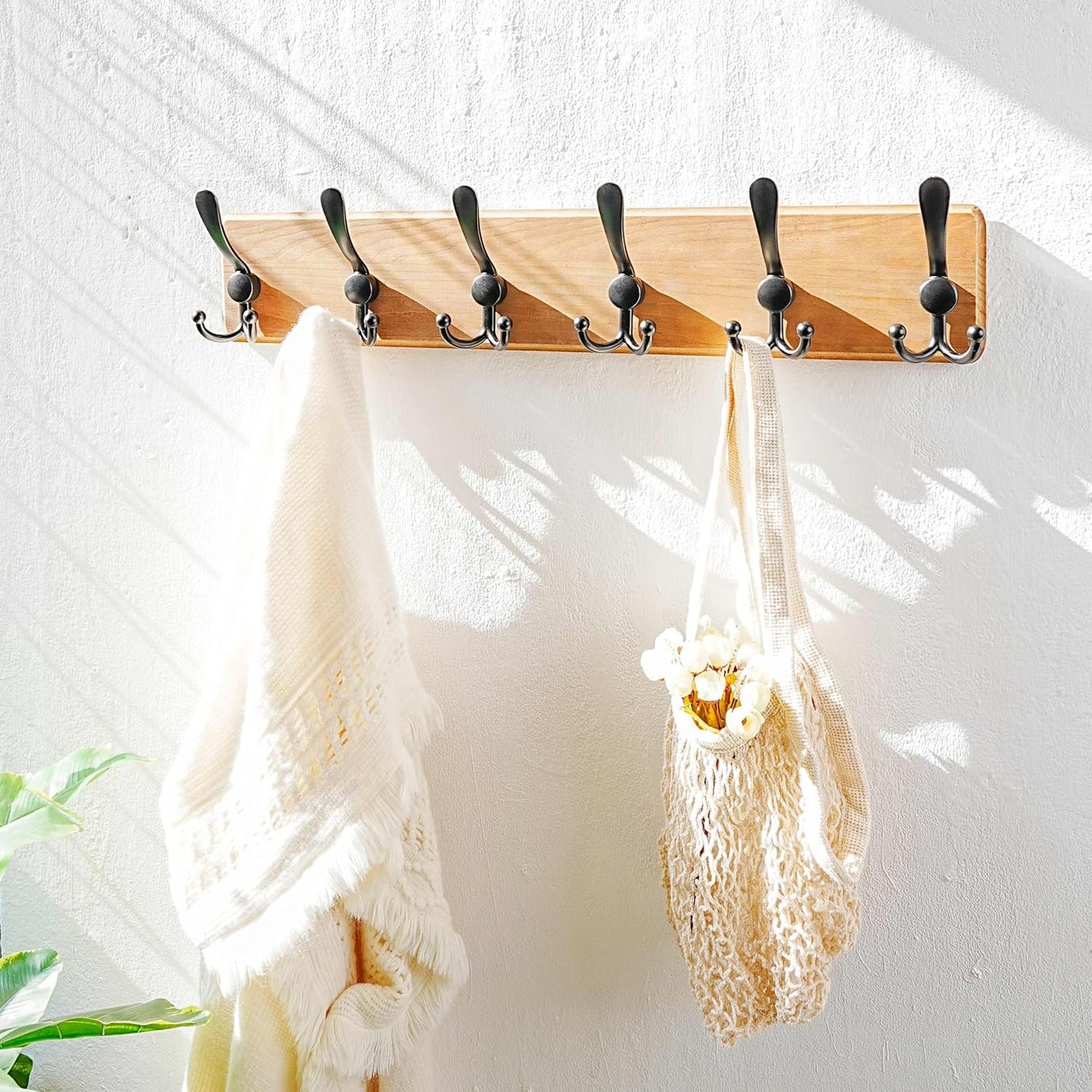 Dseap Coat Rack Wall Mounted - 24" Long 6 Tri Hooks, Heavy Duty Wooden Wall Coat Hanger Coat Hook for Clothes Hat Jacket Clothing, Weathered Yellow and Black