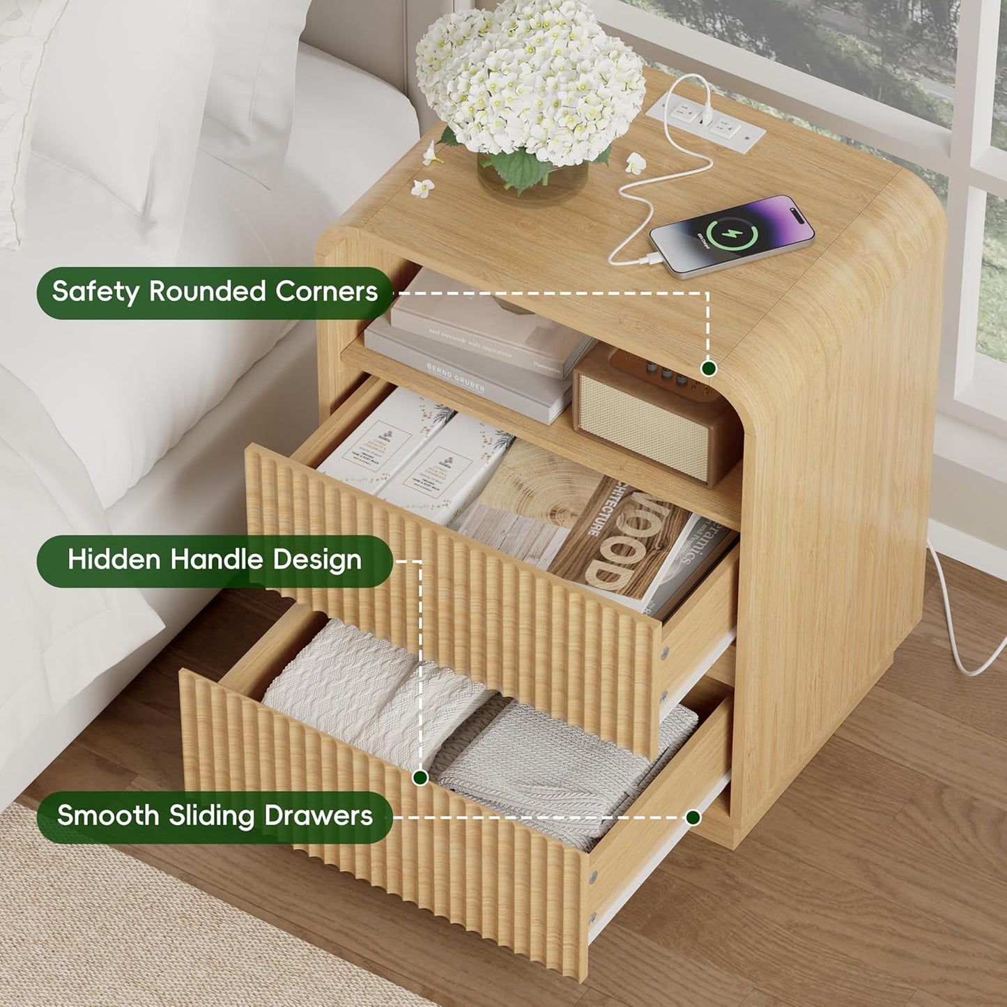 Natural Oak Nightstand with Charging Station, Mid Century Modern Bedside Table & End Table, Fluted Wood Small Night Stand with 2 Hidden Drawers and Storage Shelf for Bedroom