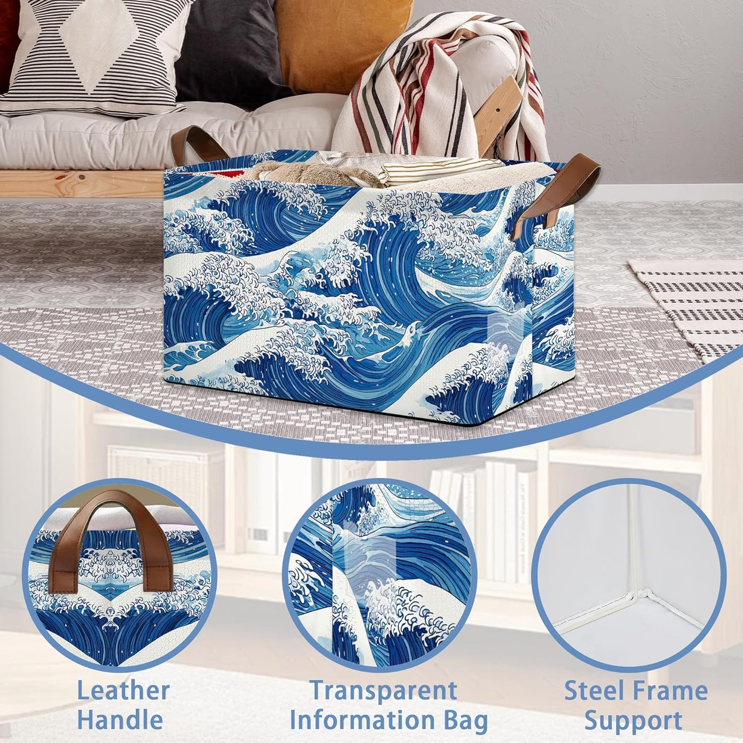 Ocean Wave Storage Baskets,Japanese Foldable Organizer Bin with Handles for Home Living Room Bedroom Closet Box 17x11.5x10Inch