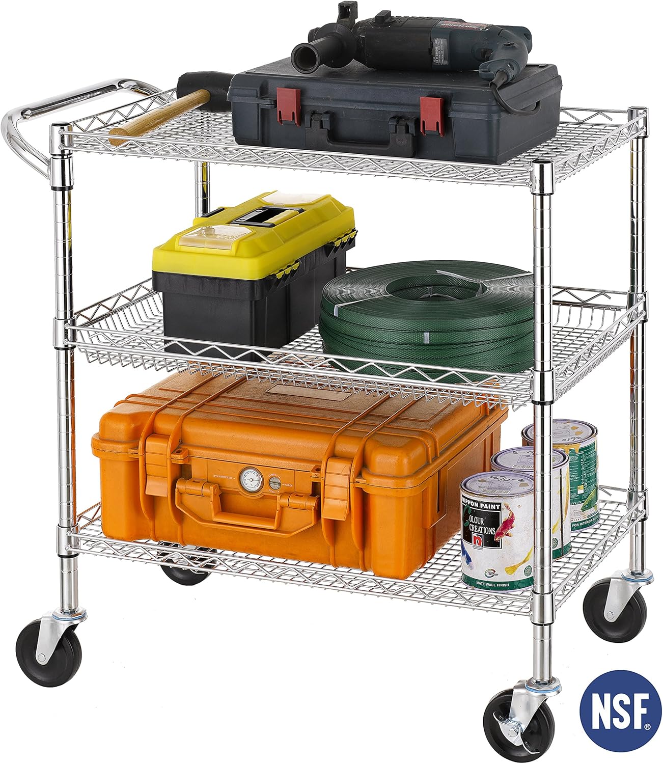 Finnhomy 3 Tier Heavy Duty Commercial Grade Utility Cart, Wire Rolling Cart with Handle Bar, Steel Service Cart with Wheels, Utility Shelf Plant Display Shelf Food Storage Trolley, NSF Listed