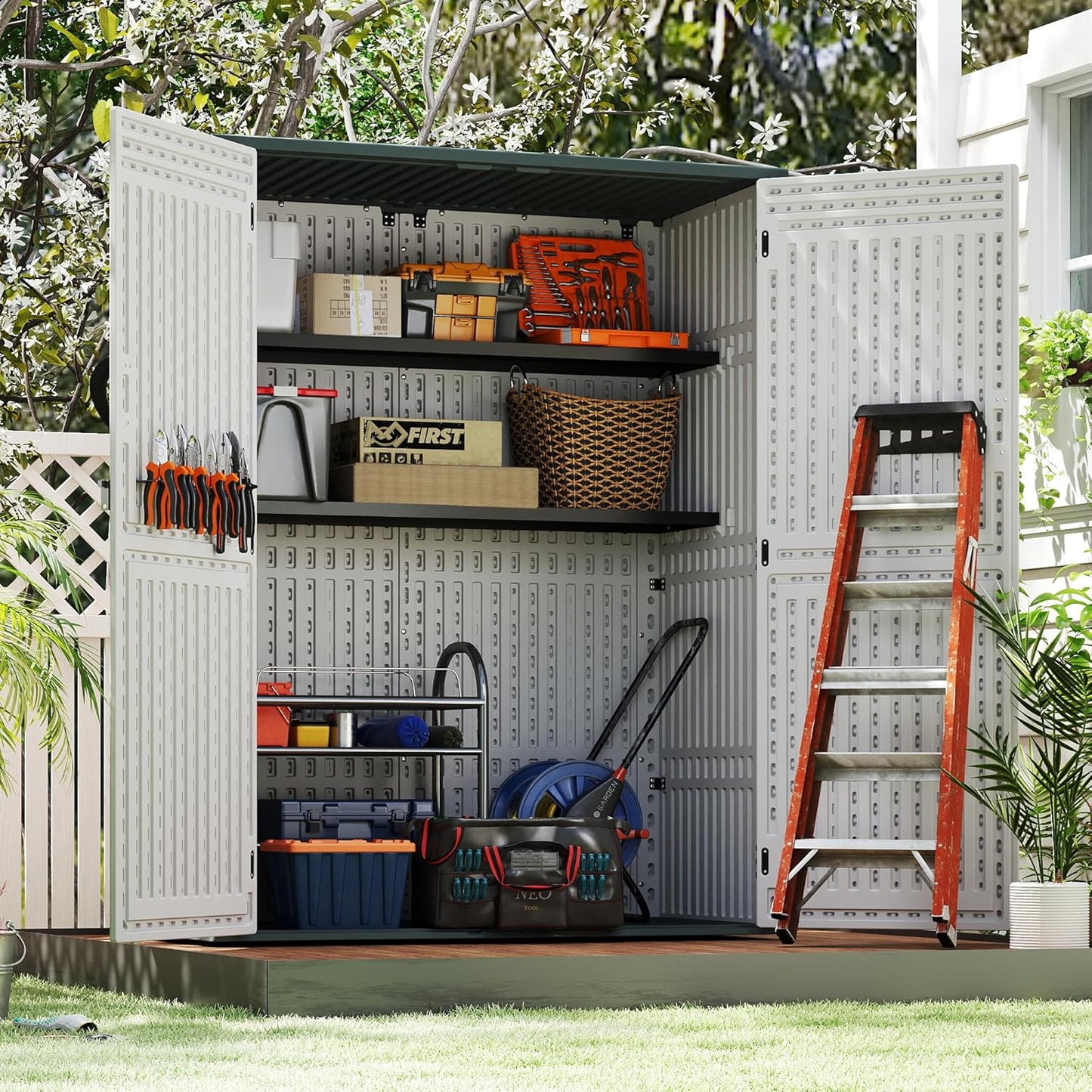 EHHLY 60 Cuft Outdoor Storage Shed Shelf, Outdoor Storage Cabinet Metal Shelves for 4.5x2.3 Ft Shed, Vertical Resin Storage Shed Accessories, Black