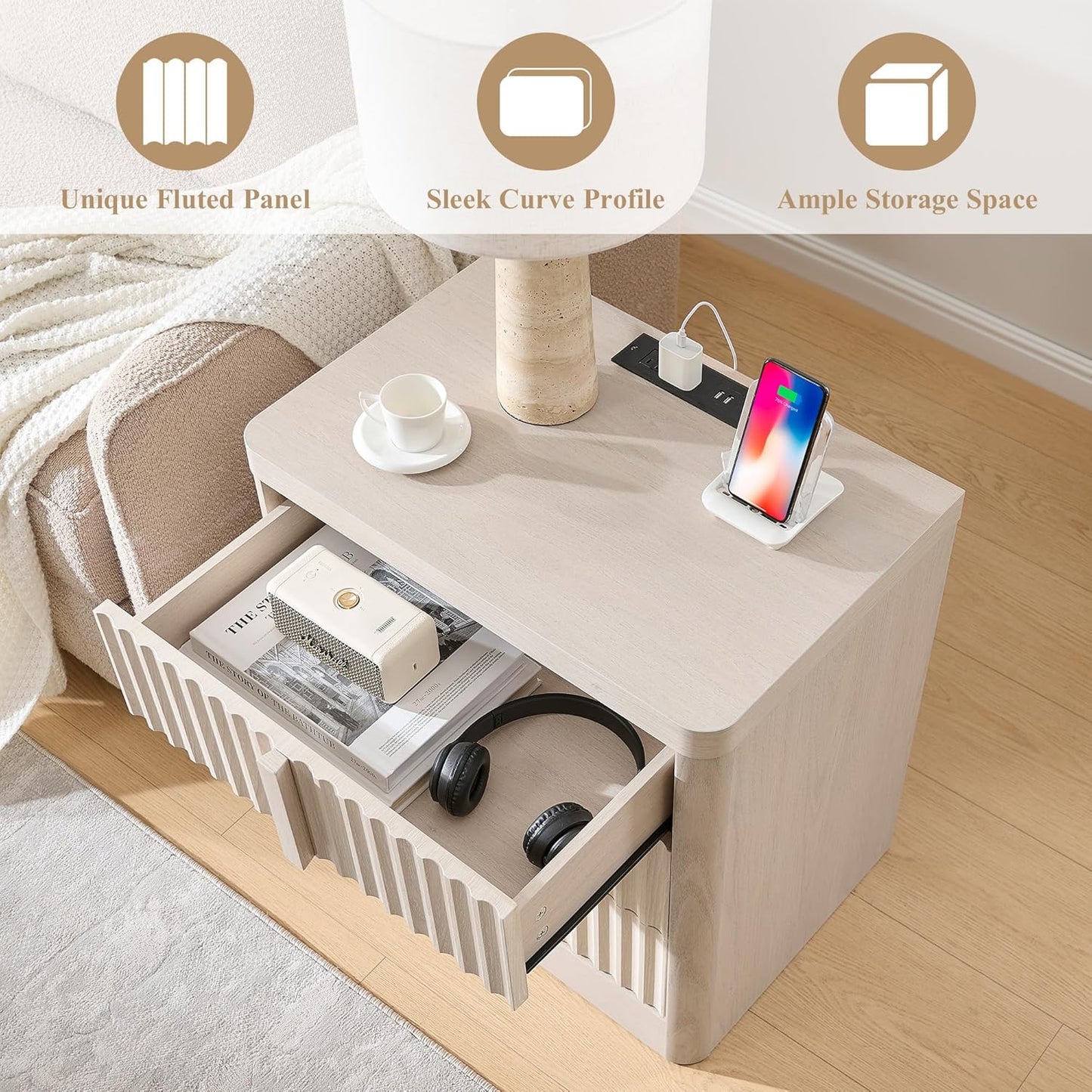 23.6" Nightstand with Charging Station, Side Table with 3 Large Storage Drawers, Mid Century Modern Night Stand with Solid Wood Handle, Bedside End Table for Bedroom, Living Room, Closet