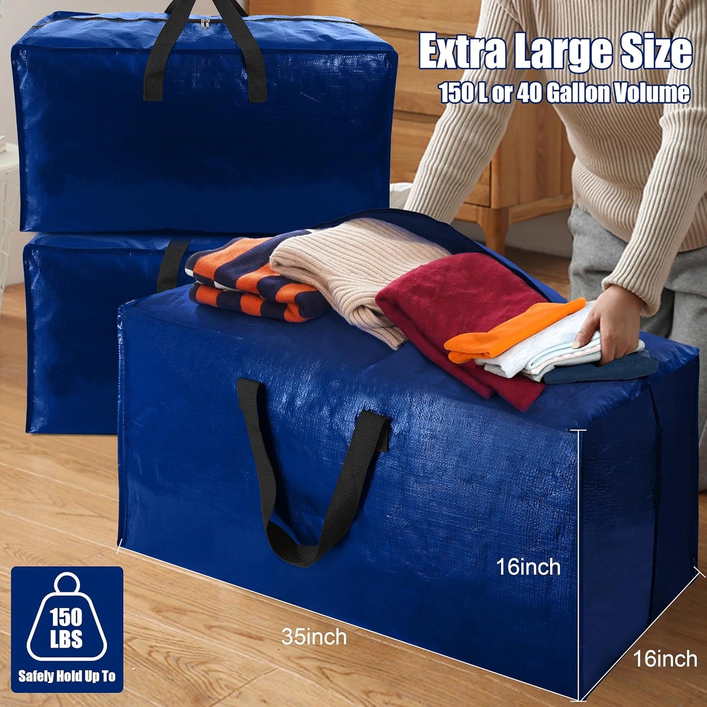 Cosy Family 8 Pack Heavy Duty Extra Large Moving Bags with Backpack Straps - Strong Handles & Zippers, Storage Totes For Space Saving, Fold Flat, Alternative to Moving Box (40 gal, Blue)
