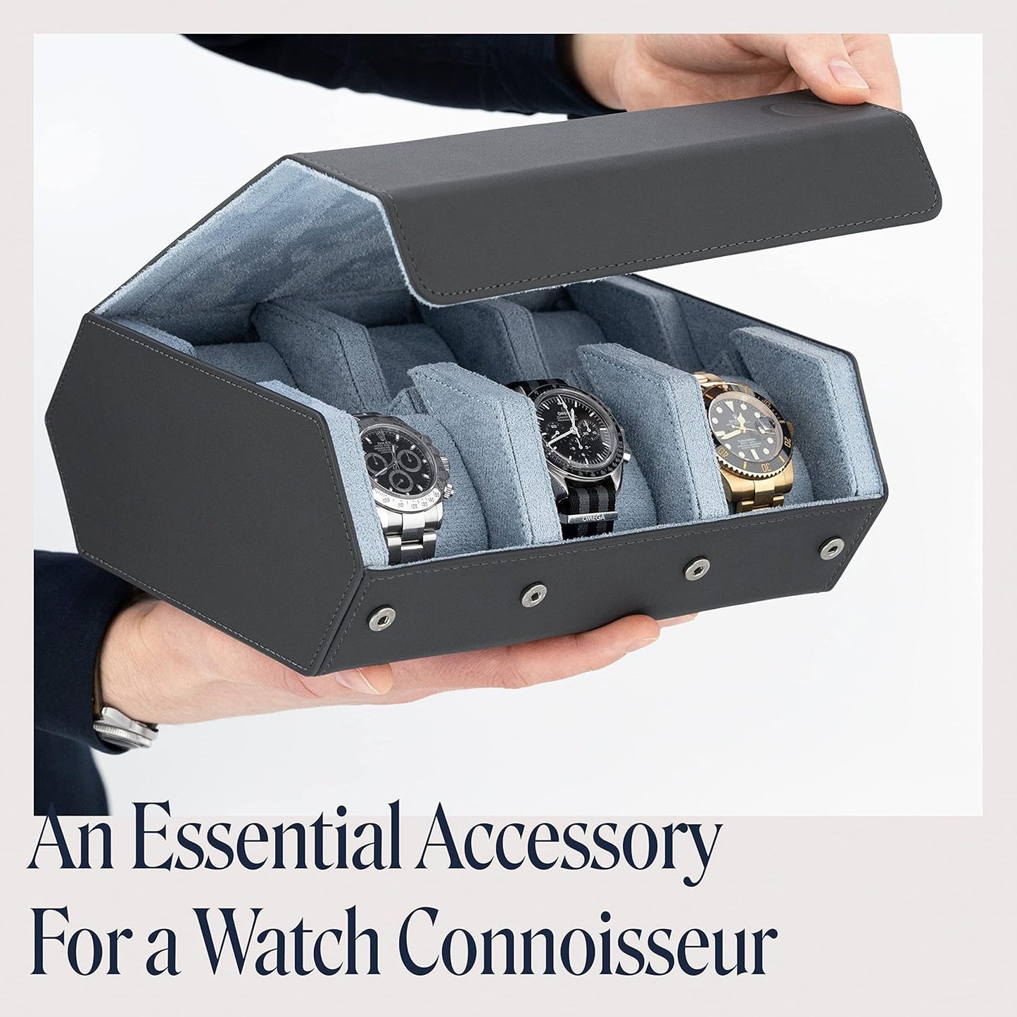 QWATCHBANDS Napa Leather Watch Case for Men - Watch Roll Storage Organizer & Watch Display - Six Slot Luxury Watch Box for Home or Travel - Mens 6 Watch Holder Case (Gray Blue)