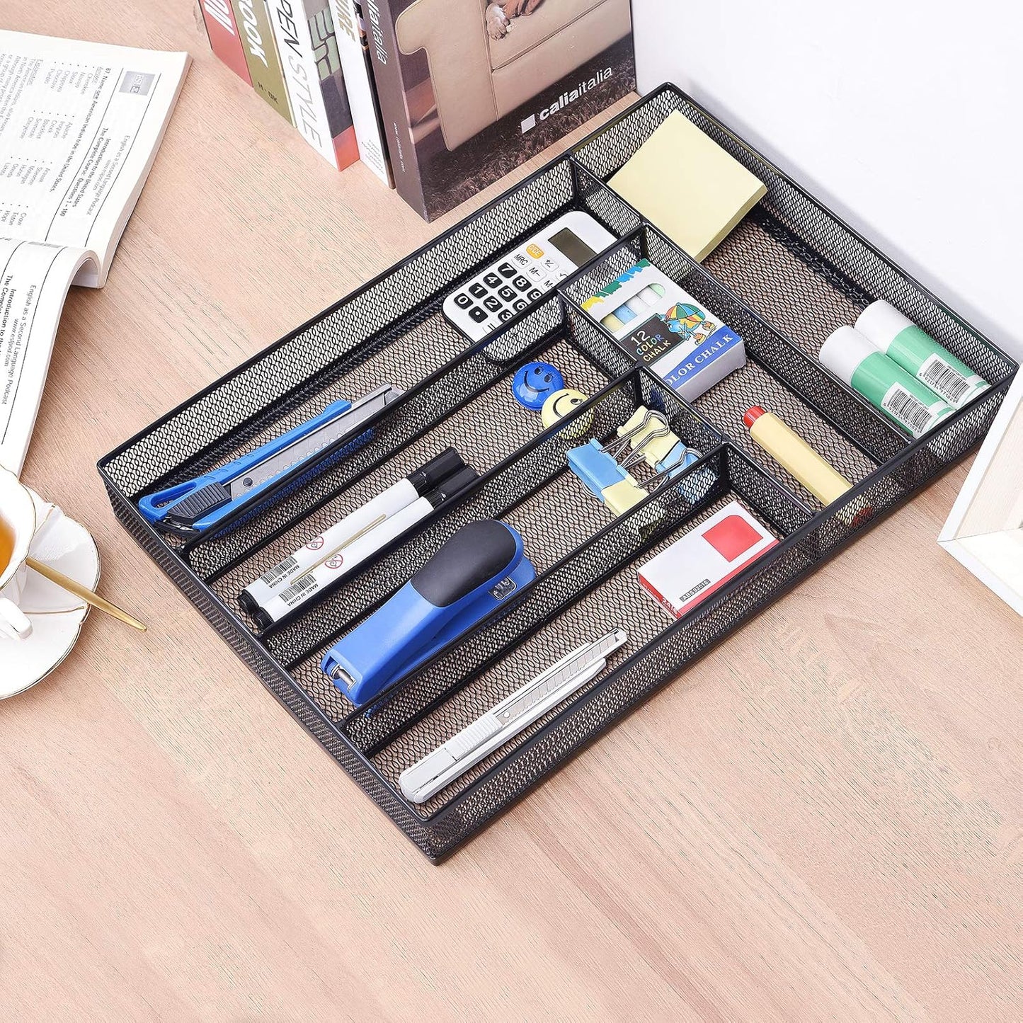 WuGeShop Desk Drawer Organizer with 6 Compartments, Mesh Drawer Organizer Tray for Stationery, Office Supplies Desktop Storage, Black